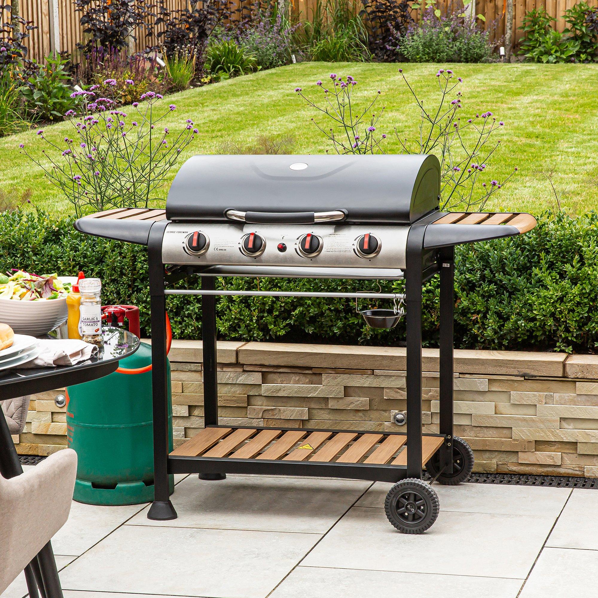 Black - George Foreman - GFGBBQ4BW 4 Burner Gas BBQ in Black & Wood - 2