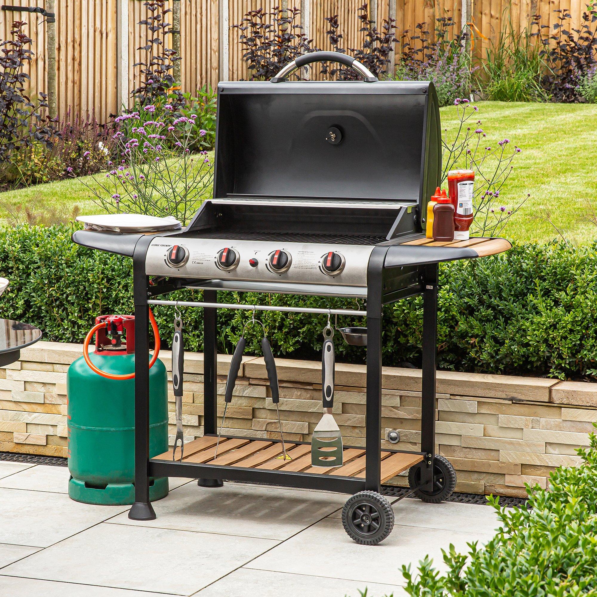 Black - George Foreman - GFGBBQ4BW 4 Burner Gas BBQ in Black & Wood - 3