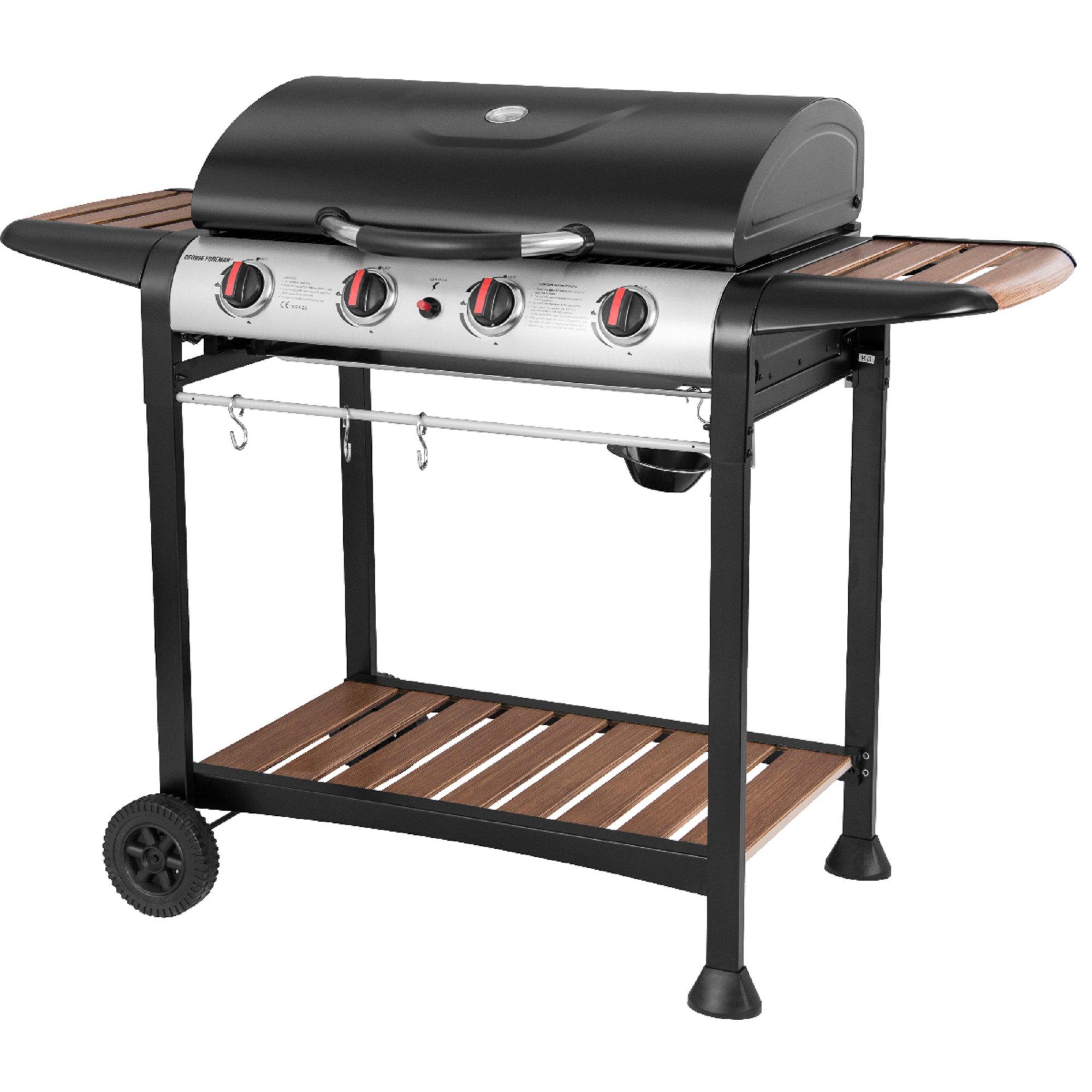 Black - George Foreman - GFGBBQ4BW 4 Burner Gas BBQ in Black & Wood - 8