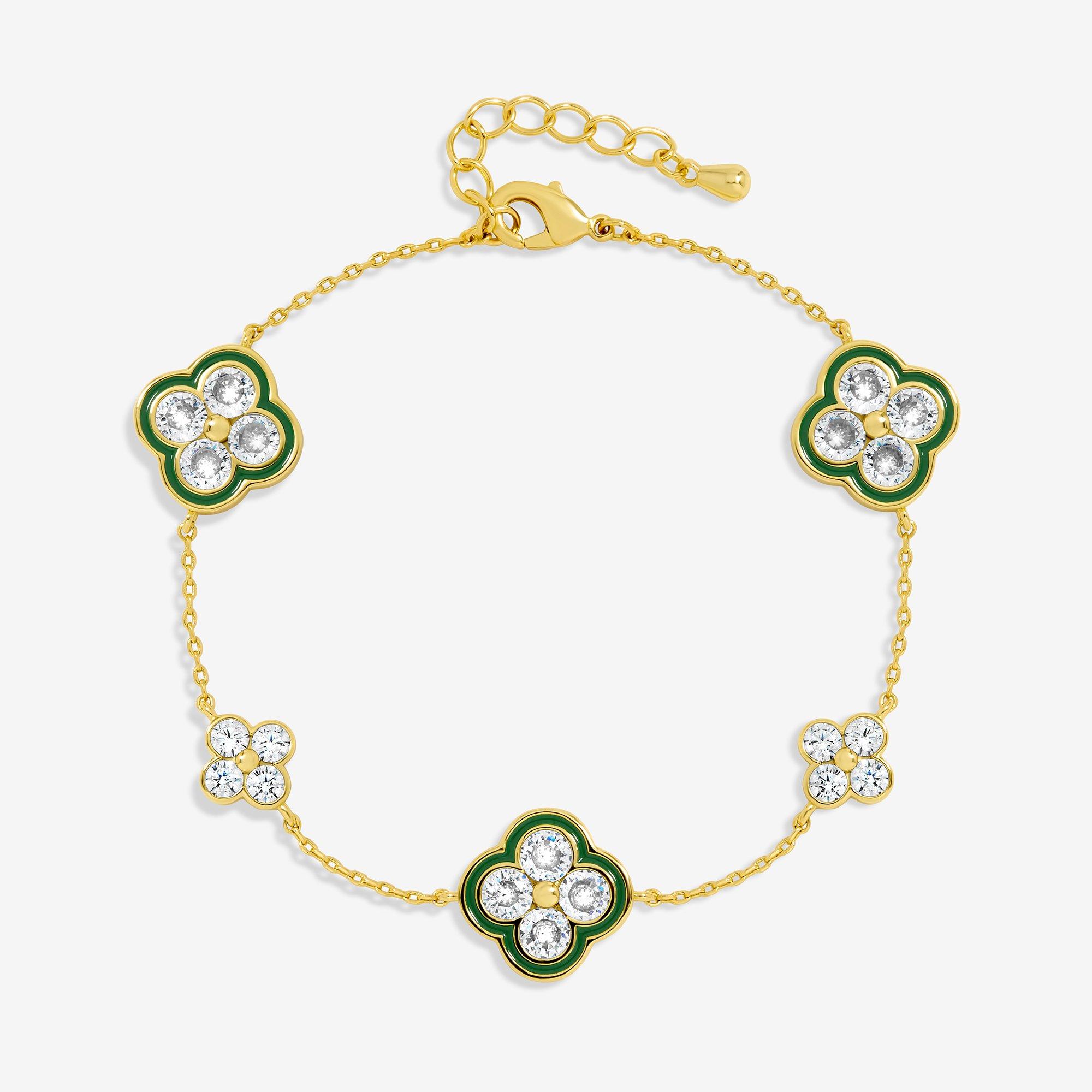 Gold - Jon Richard - 14K Gold Plated Pave and Emerald Clover Bracelet - 1