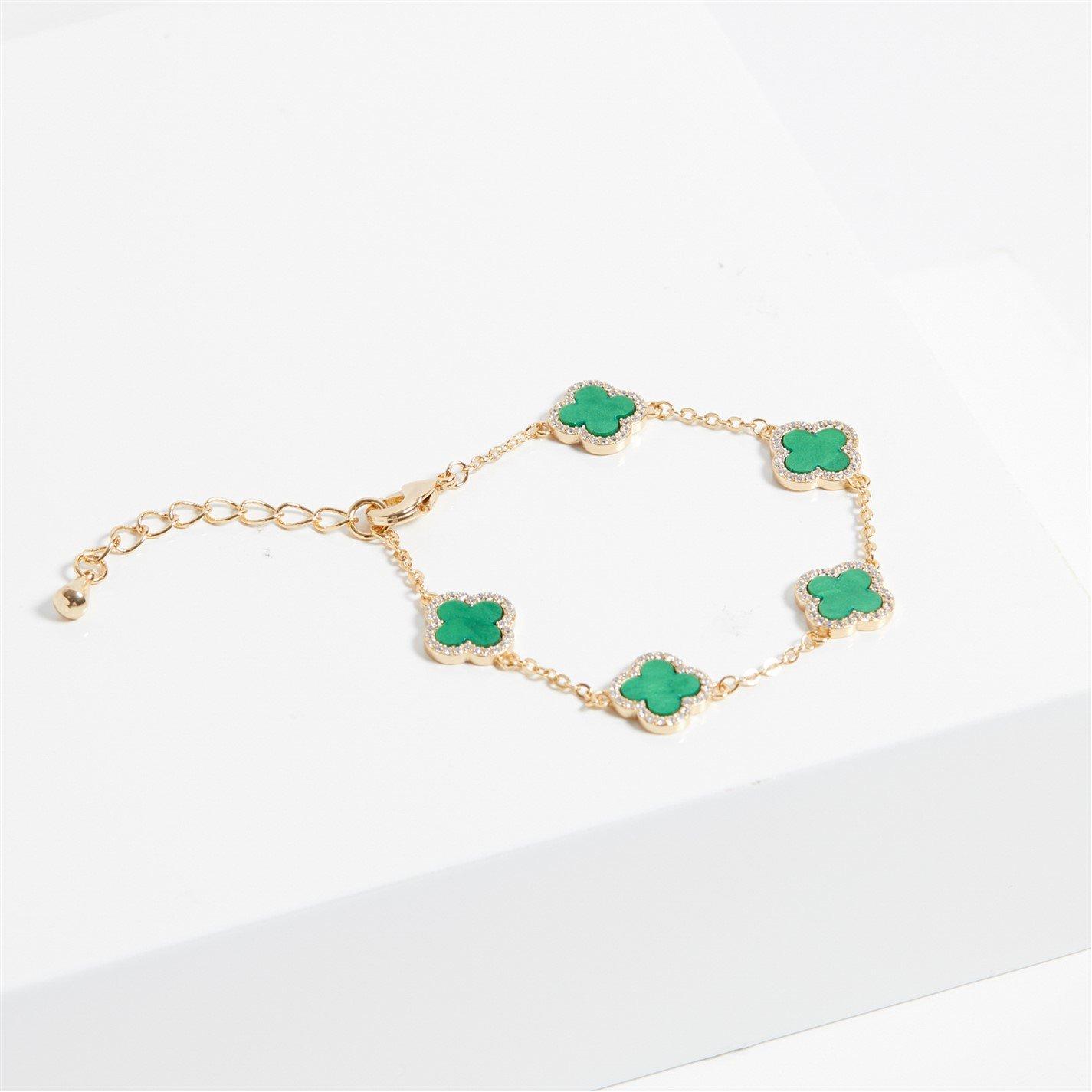 Gold - Jon Richard - Gold Plated CZ Malachite Clover Bracelet - 3