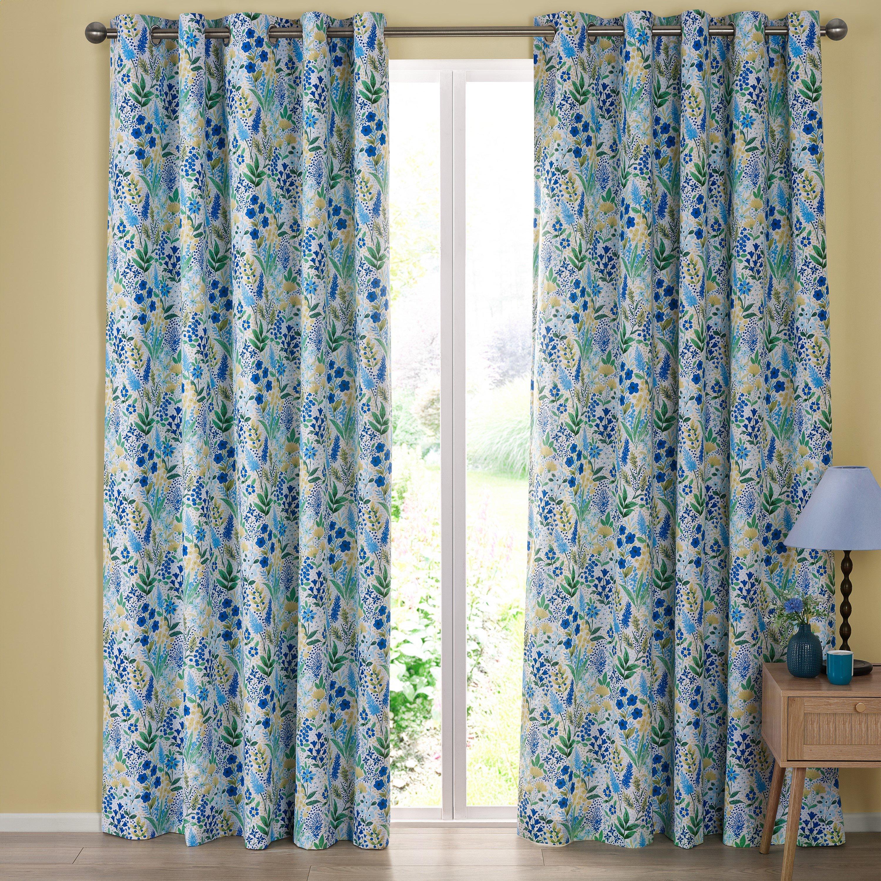 Blue - Catherine Lansfield - Tilly Floral Fully Reversible Eyelet Curtains - 2