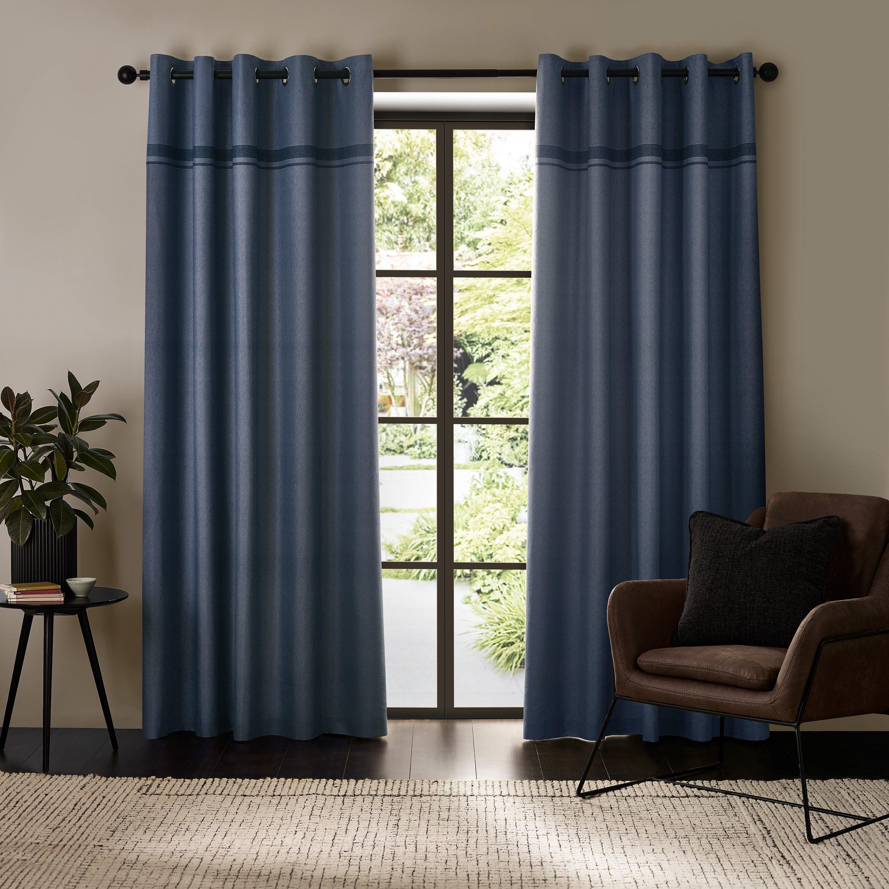 Blue - Catherine Lansfield - Melville Lined Eyelet Curtains Two Panels - 2