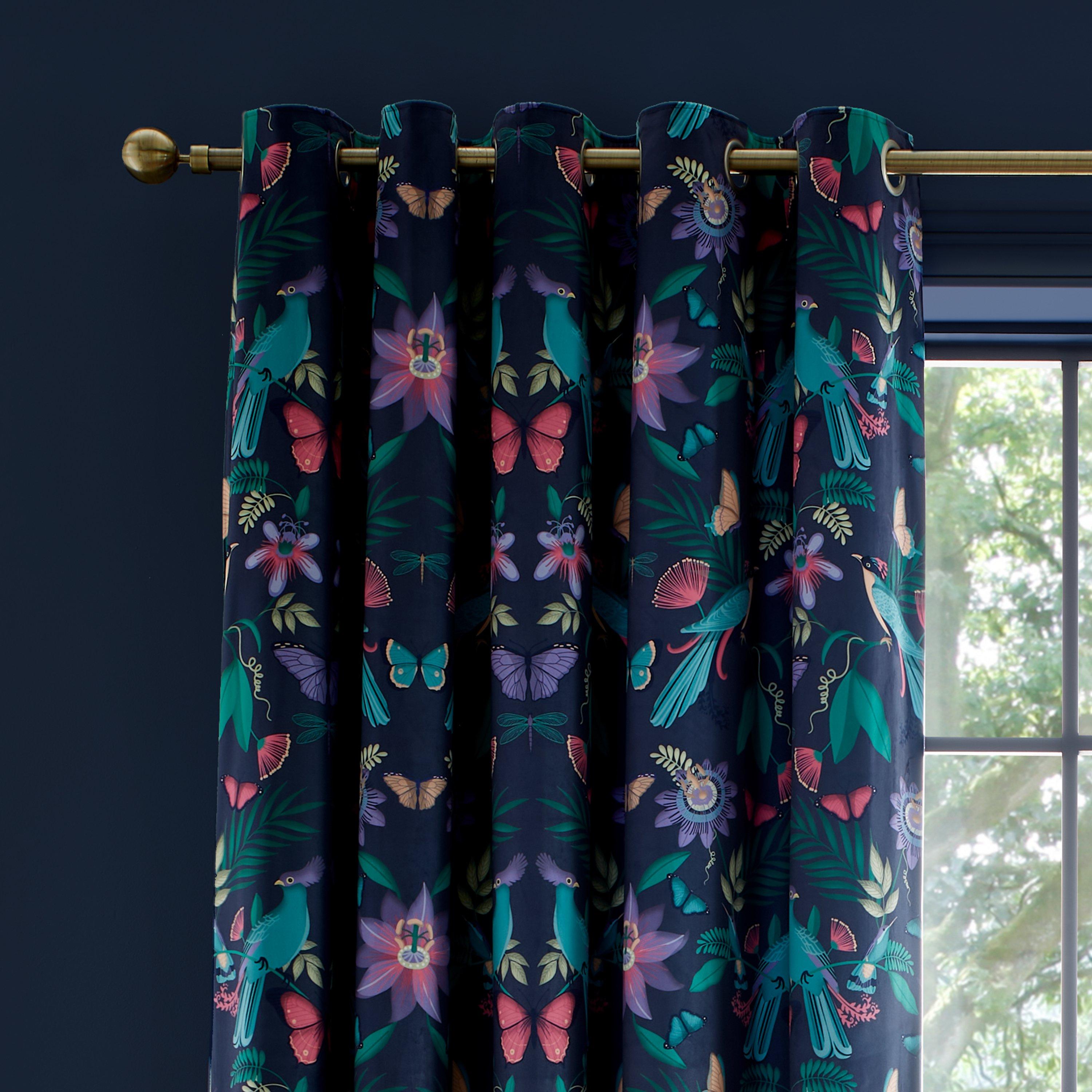 Navy - Catherine Lansfield - Mya Tropical Birds Eyelet Curtains Two Panels - 1