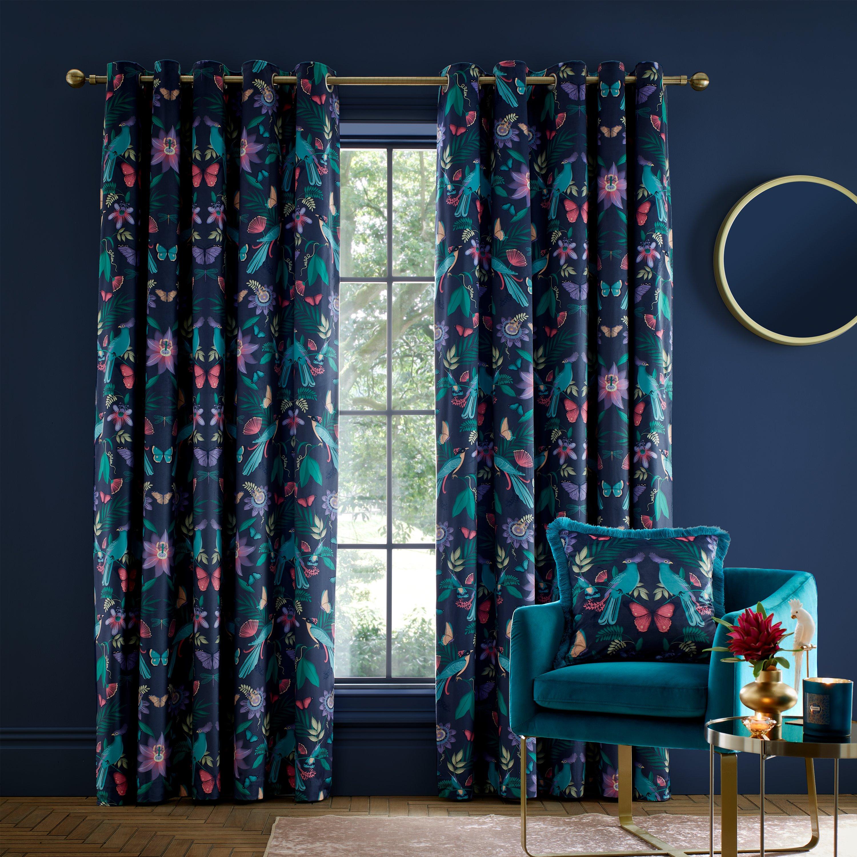 Navy - Catherine Lansfield - Mya Tropical Birds Eyelet Curtains Two Panels - 2