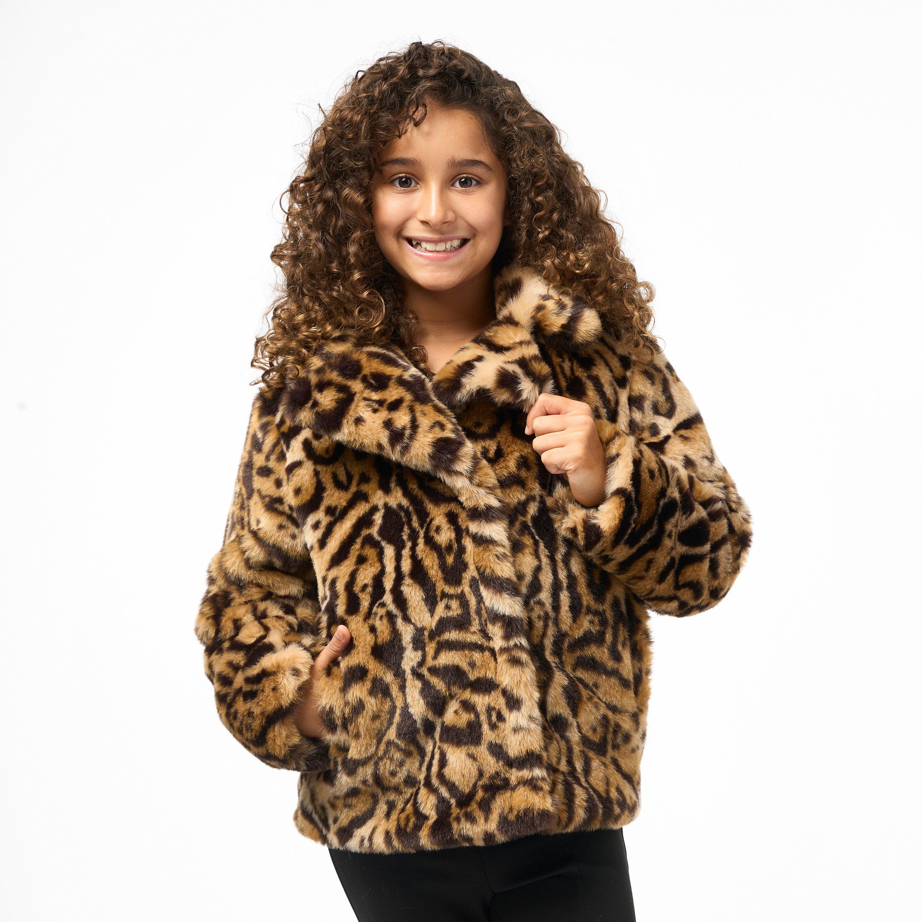 Biba Kids' Leopard Print Faux Fur Long Sleeve Jacket