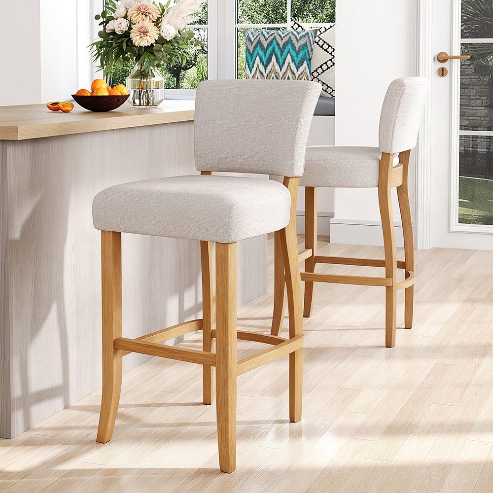 Beige - Kabinet UK - 2 Set Linen Upholstered High Bar Stool - 1