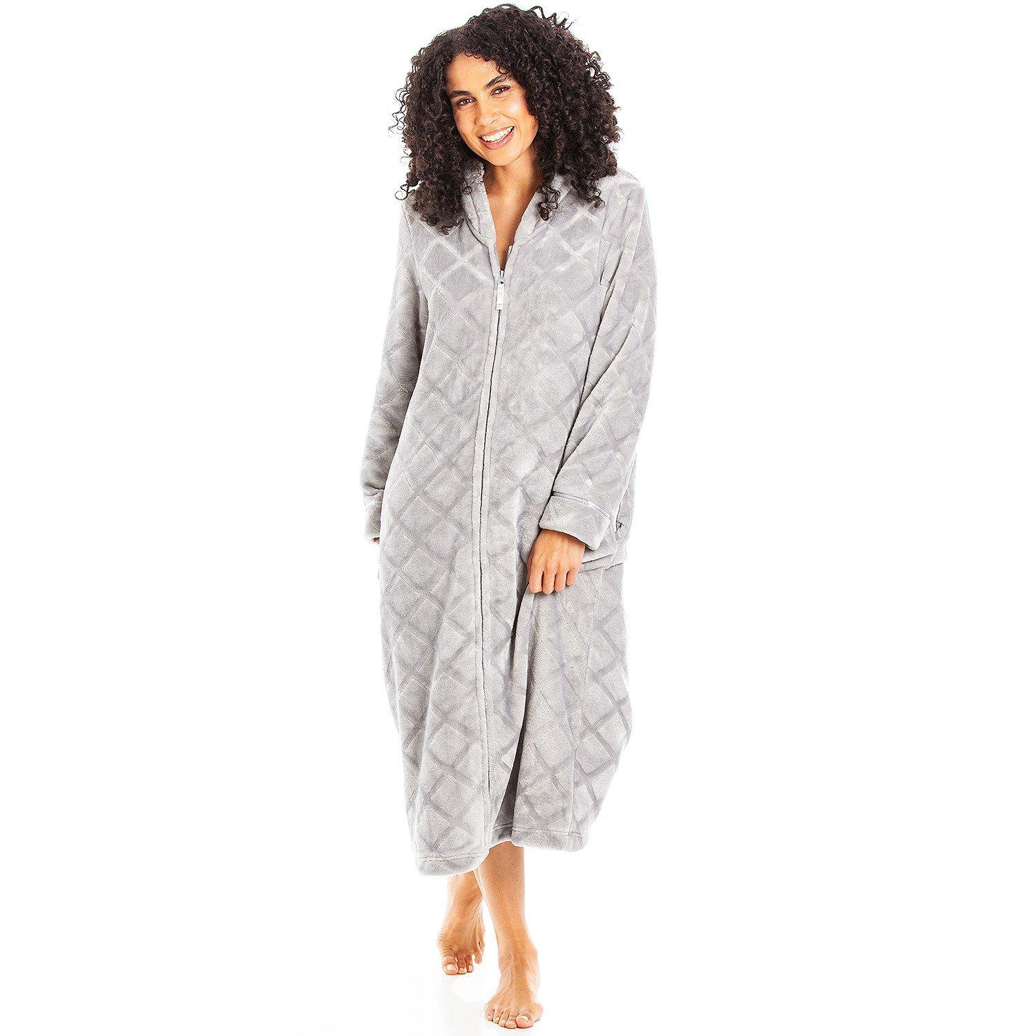 Grijs - Camille - Womens Housecoat Fleece Zip Robe with Inseam Pockets - 1