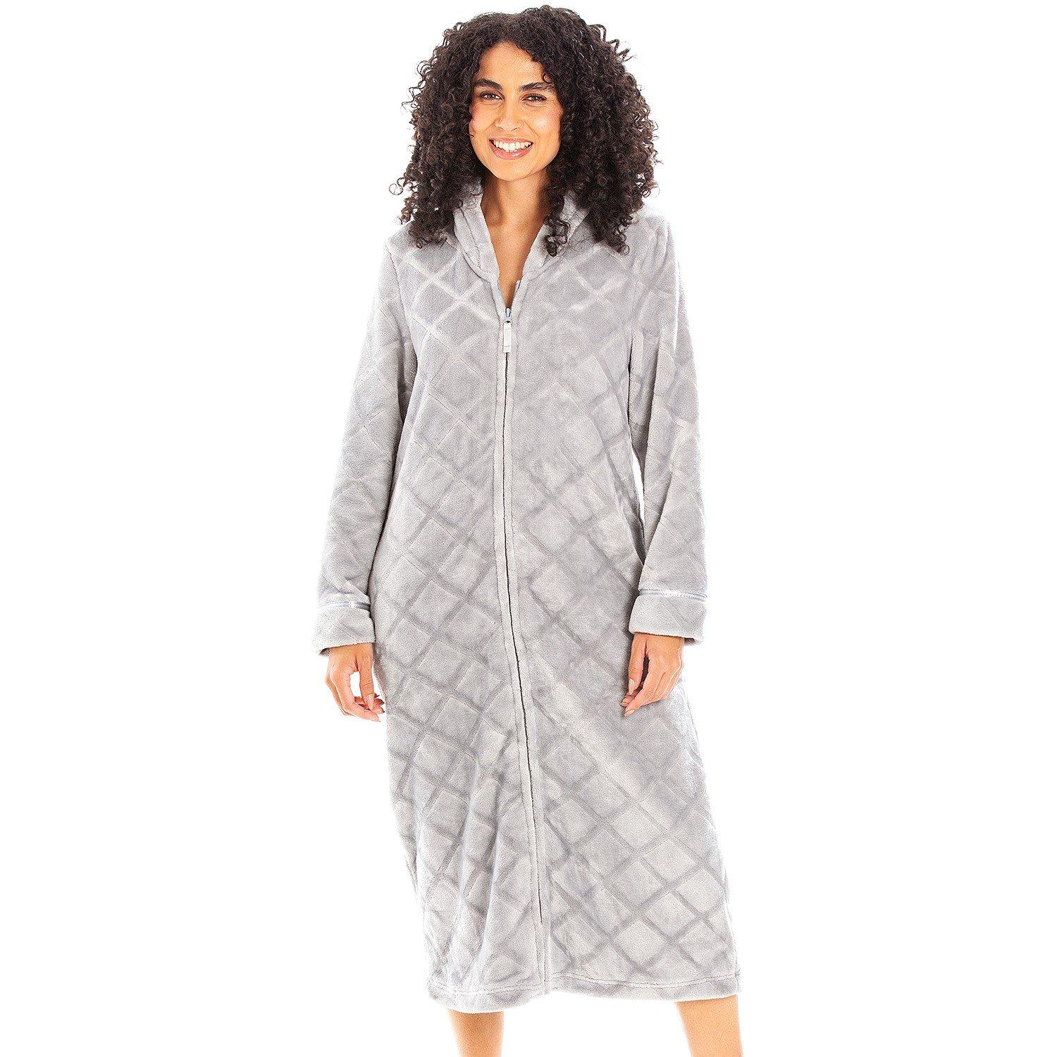 Grijs - Camille - Womens Housecoat Fleece Zip Robe with Inseam Pockets - 4