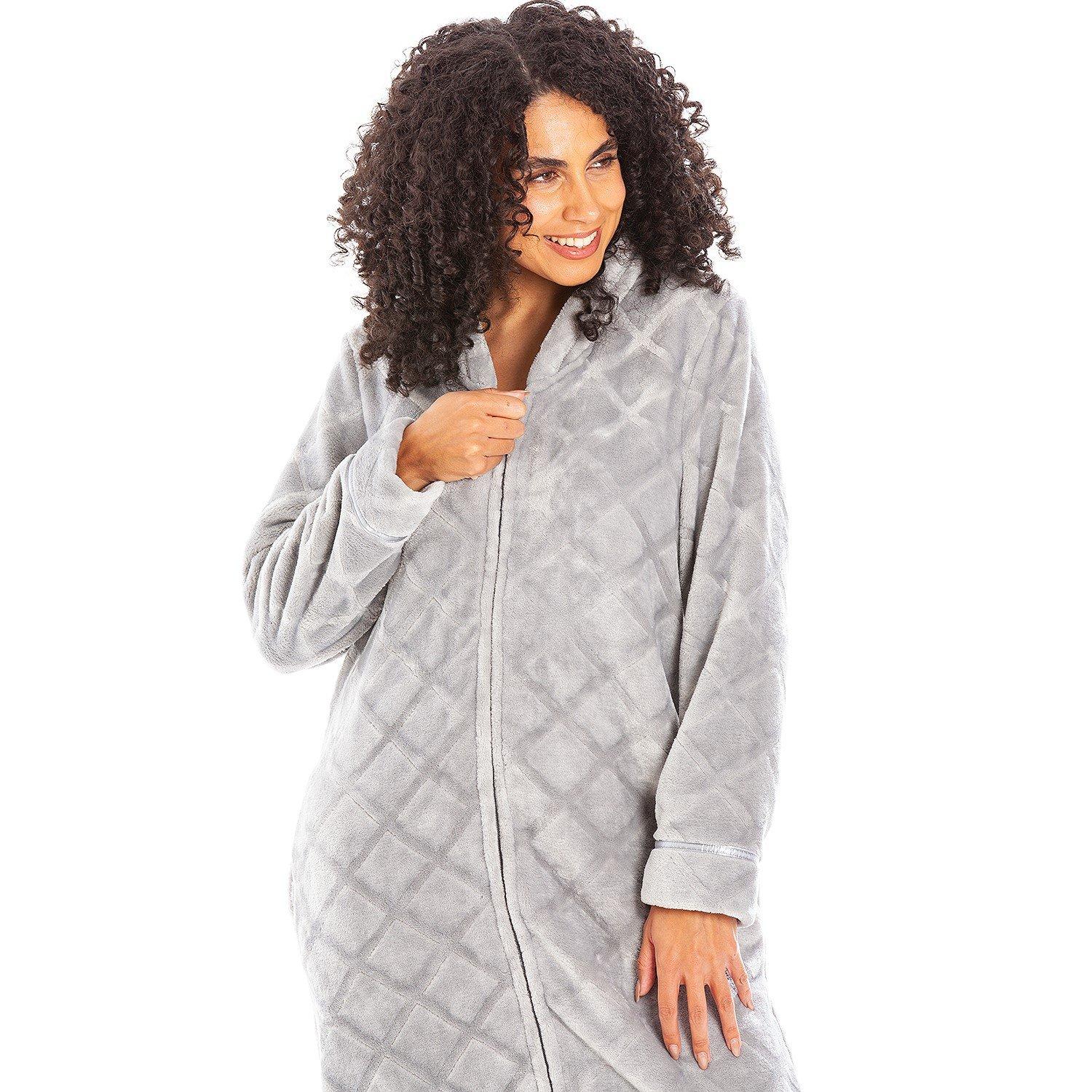 Grijs - Camille - Womens Housecoat Fleece Zip Robe with Inseam Pockets - 5