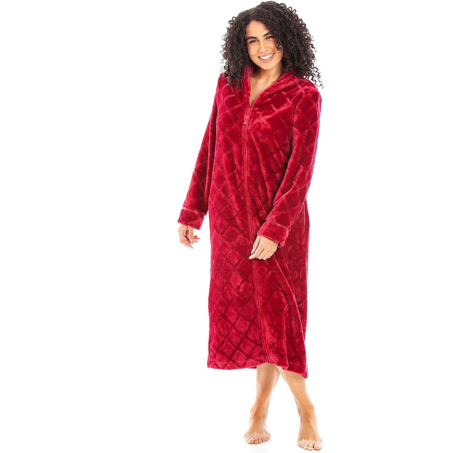 Womens Housecoat Fleece Zip Robe with Inseam Pockets