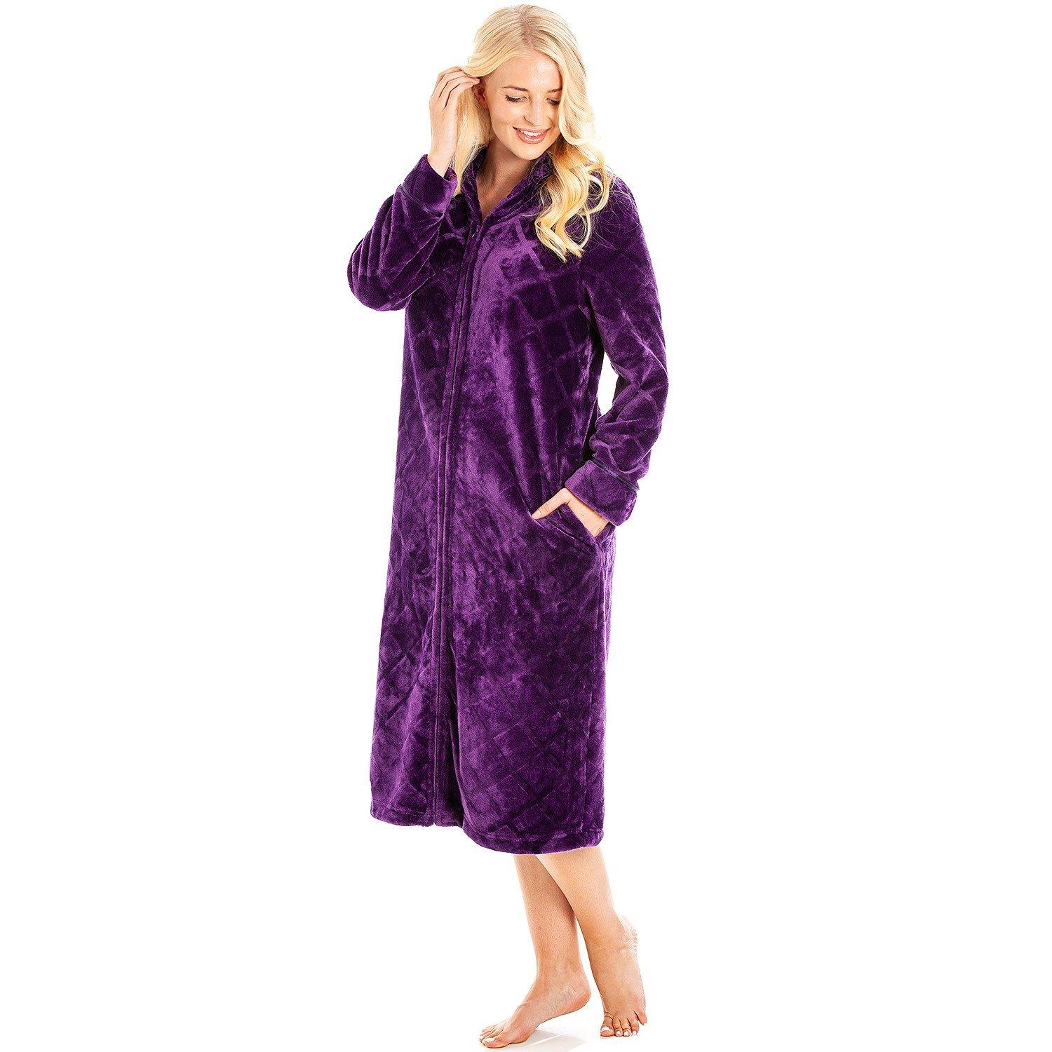 Womens Housecoat Fleece Zip Robe with Inseam Pockets