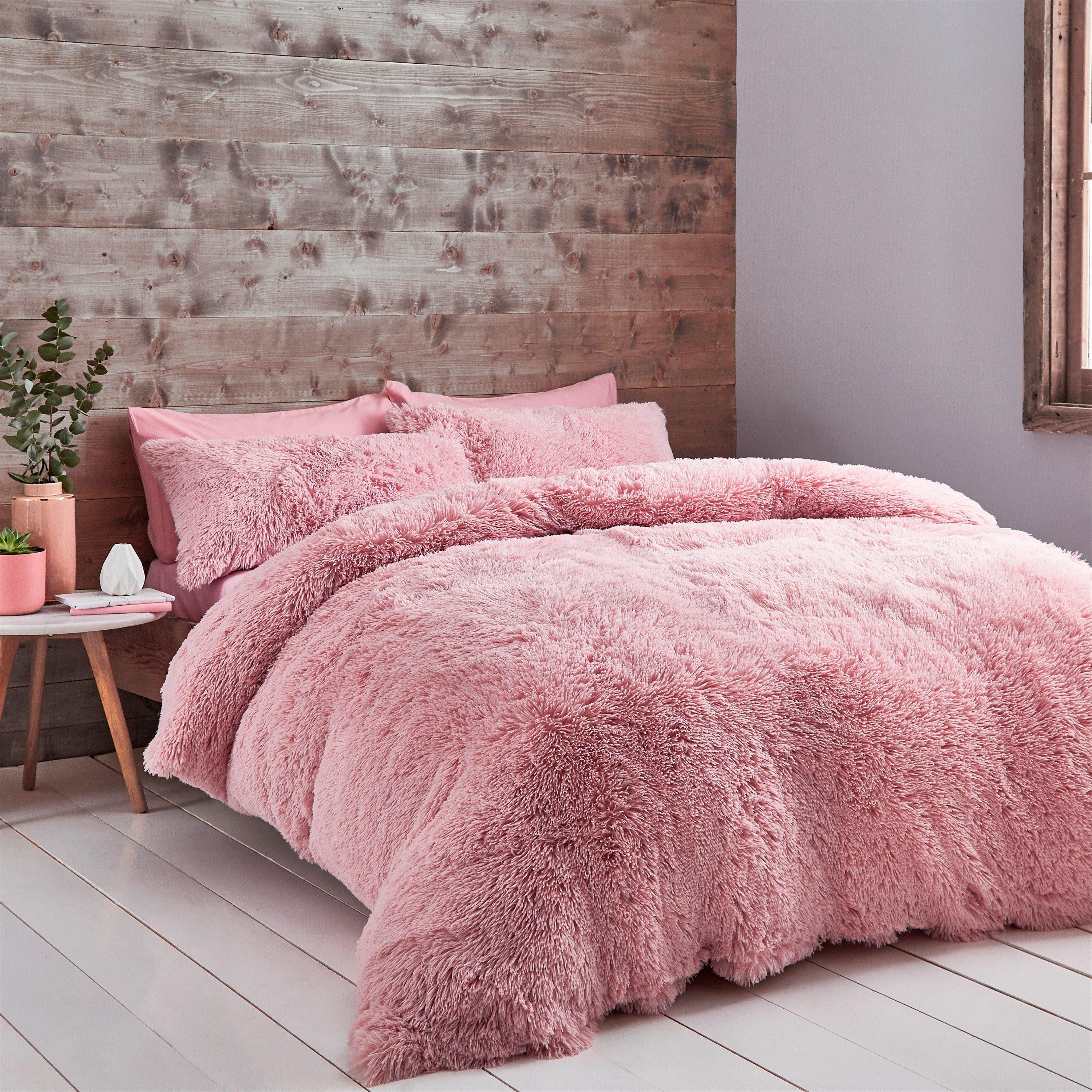Catherine Lansfield  Cuddly Deep Pile Faux Fur Duvet Cover Set - Blush Pink - Single