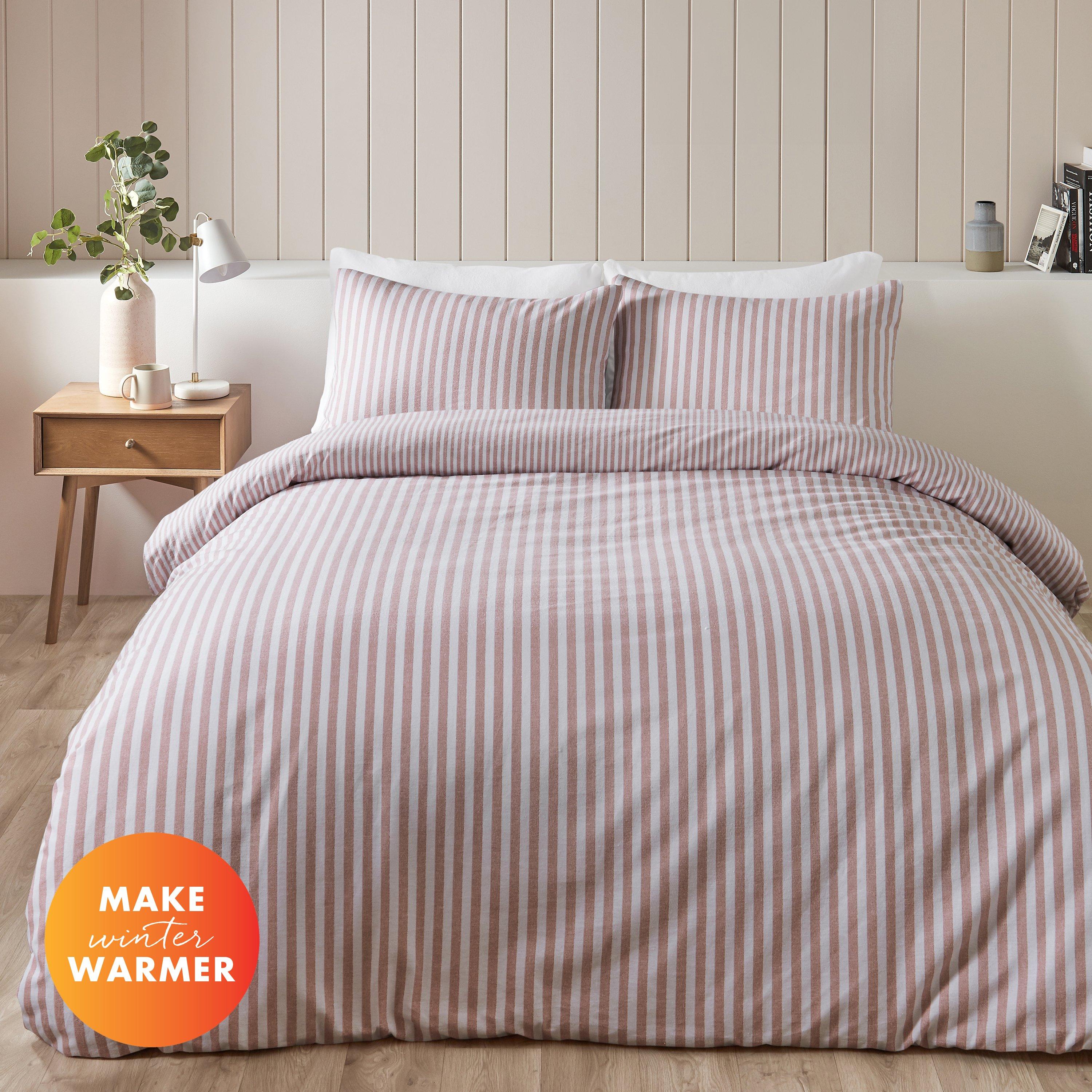 Catherine Lansfield  Brushed Cotton Stripe Reversible Duvet Cover Set - Blush - Single