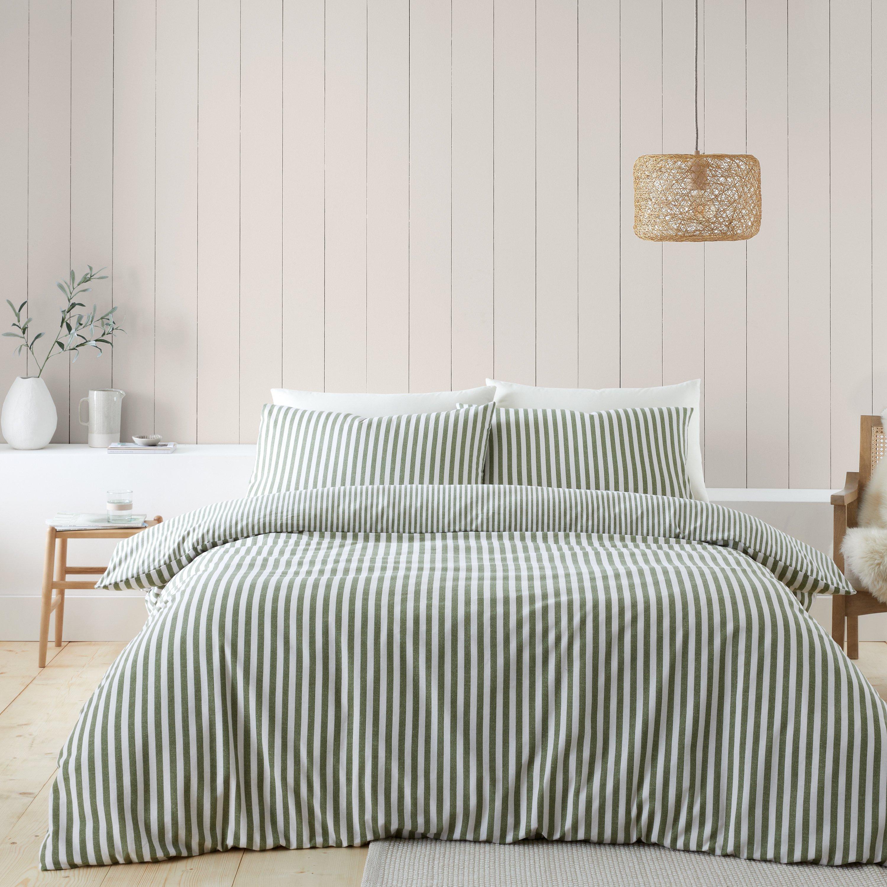 Catherine Lansfield  Brushed Cotton Stripe Reversible Duvet Cover Set - Green - Single