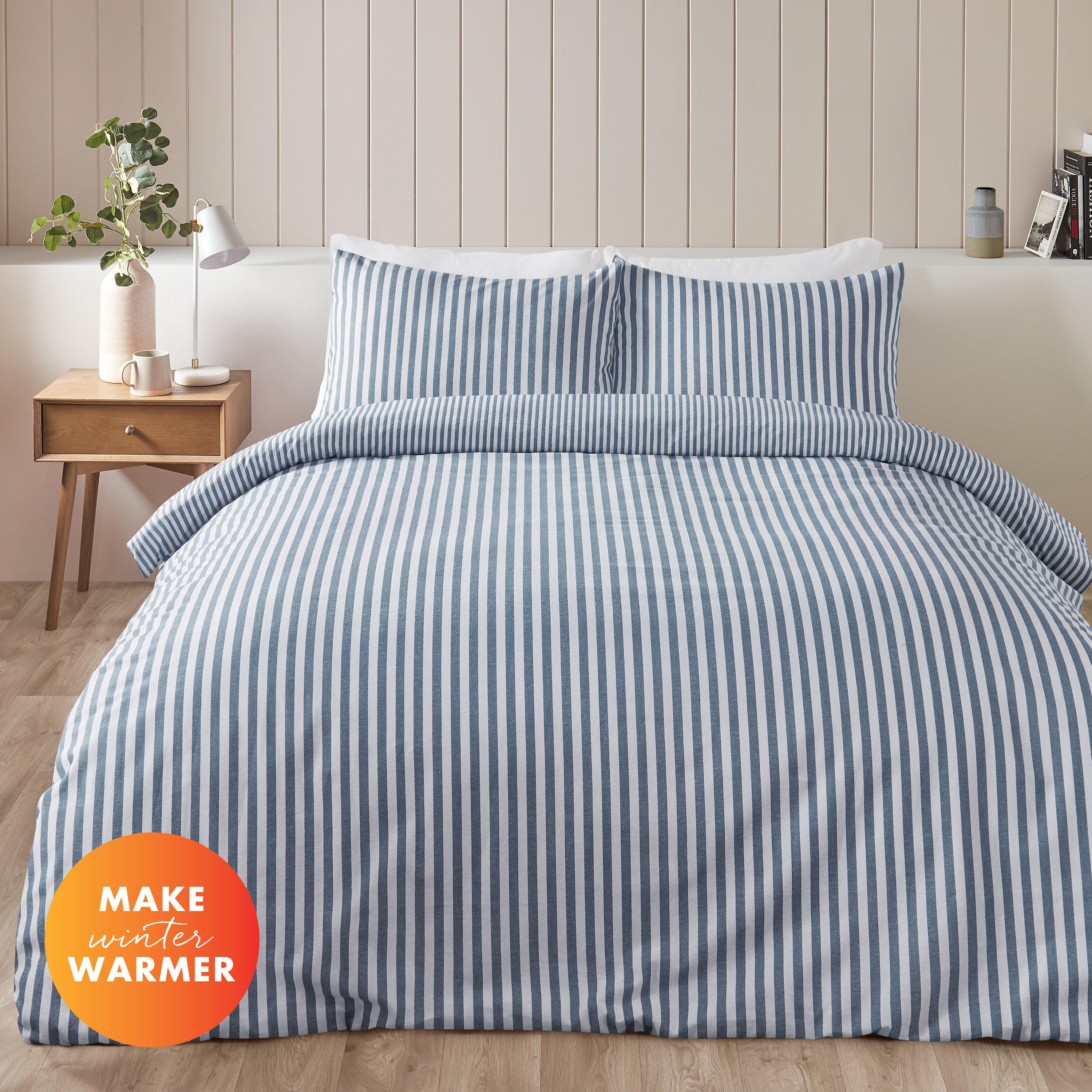 Catherine Lansfield  Brushed Cotton Stripe Reversible Duvet Cover Set - Blue - King