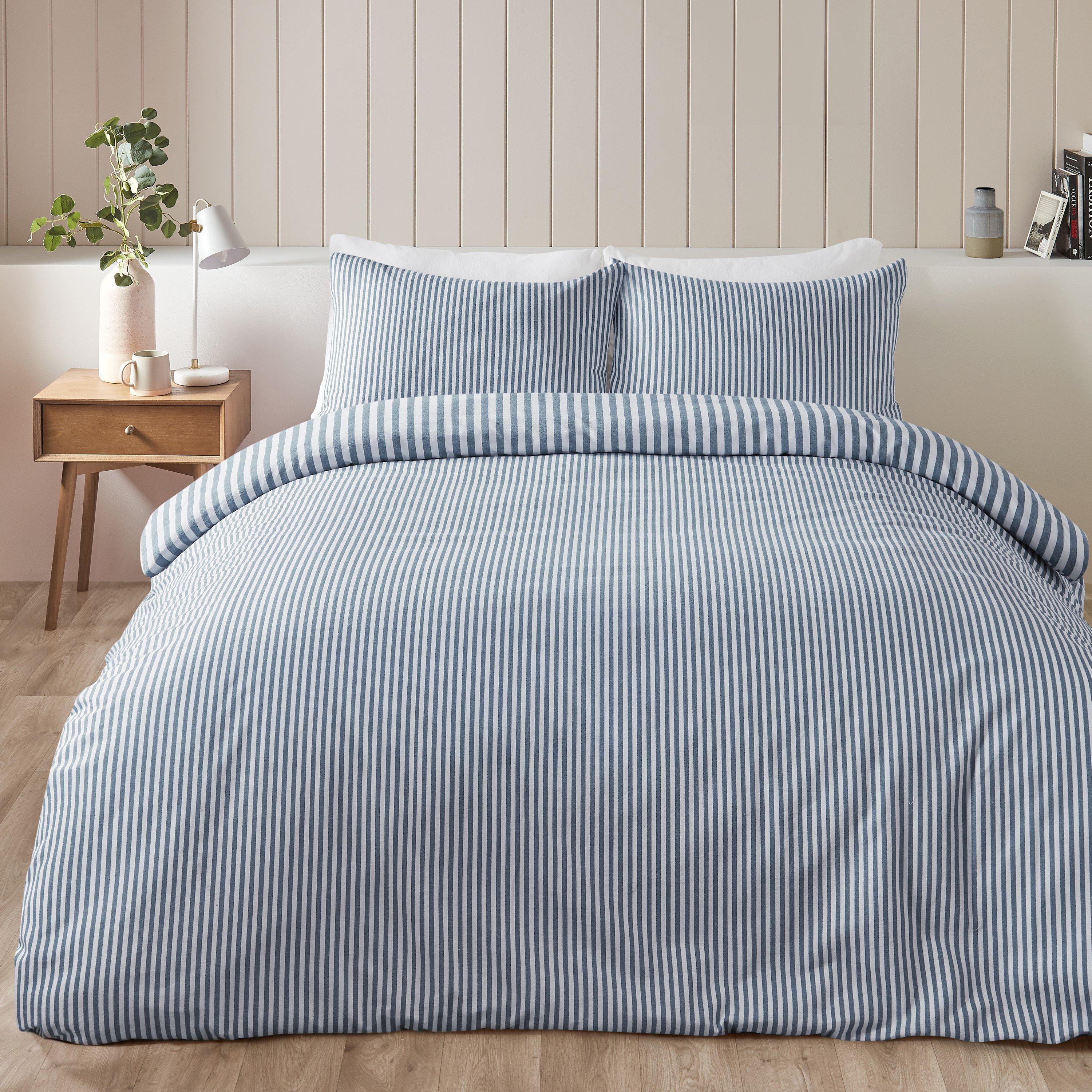 Blue - Catherine Lansfield - Brushed Cotton Stripe Reversible Duvet Cover Set - 2
