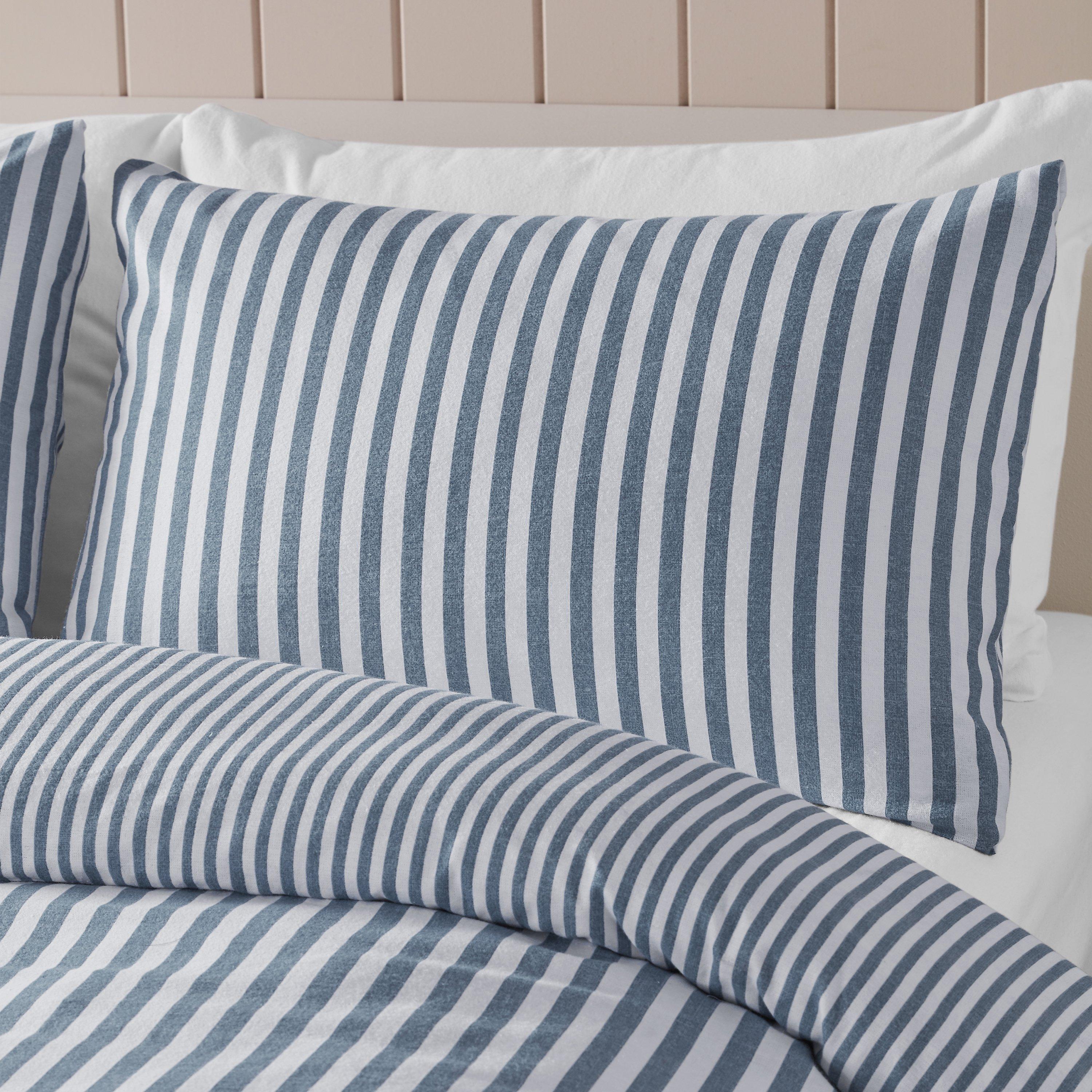 Blue - Catherine Lansfield - Brushed Cotton Stripe Reversible Duvet Cover Set - 3