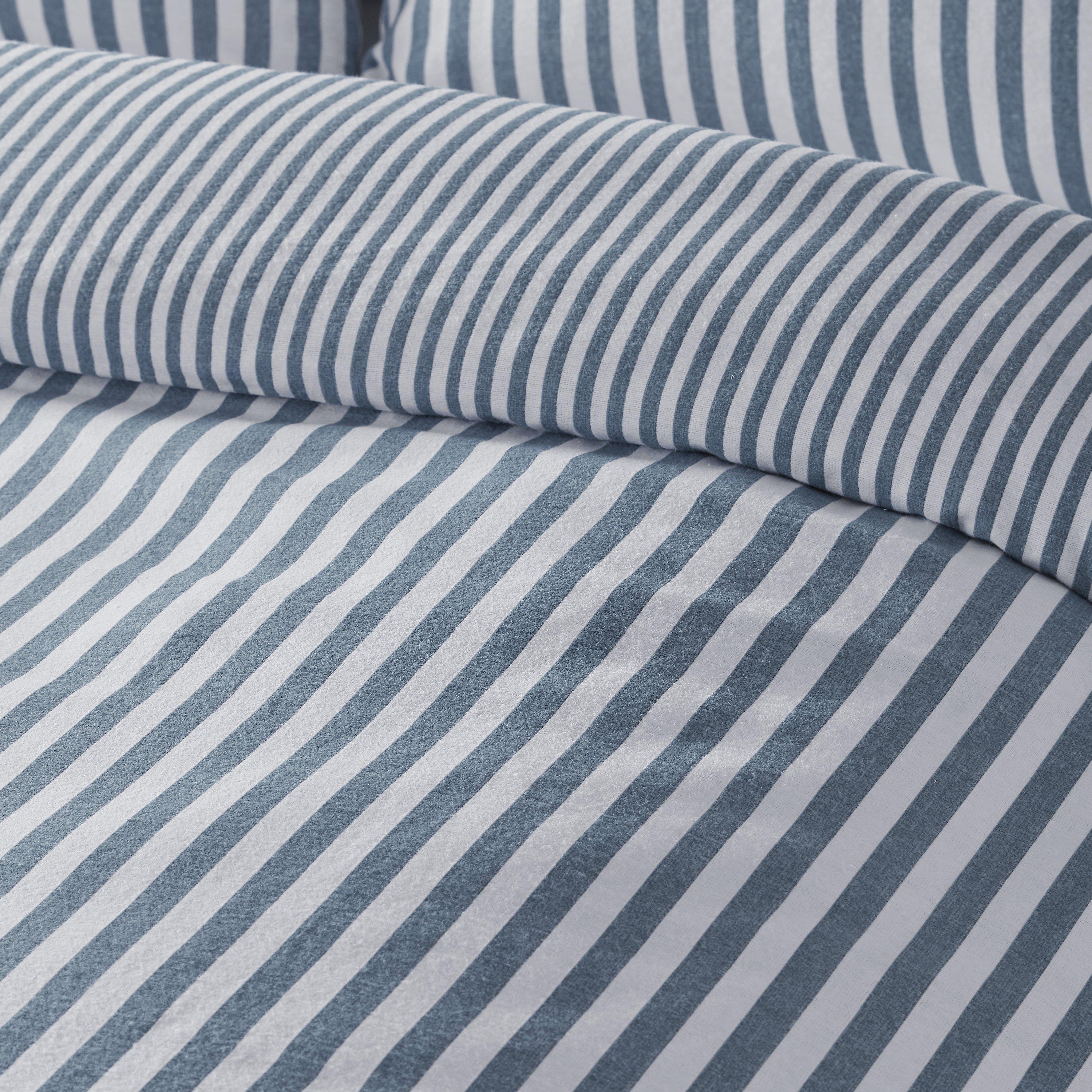 Blue - Catherine Lansfield - Brushed Cotton Stripe Reversible Duvet Cover Set - 4