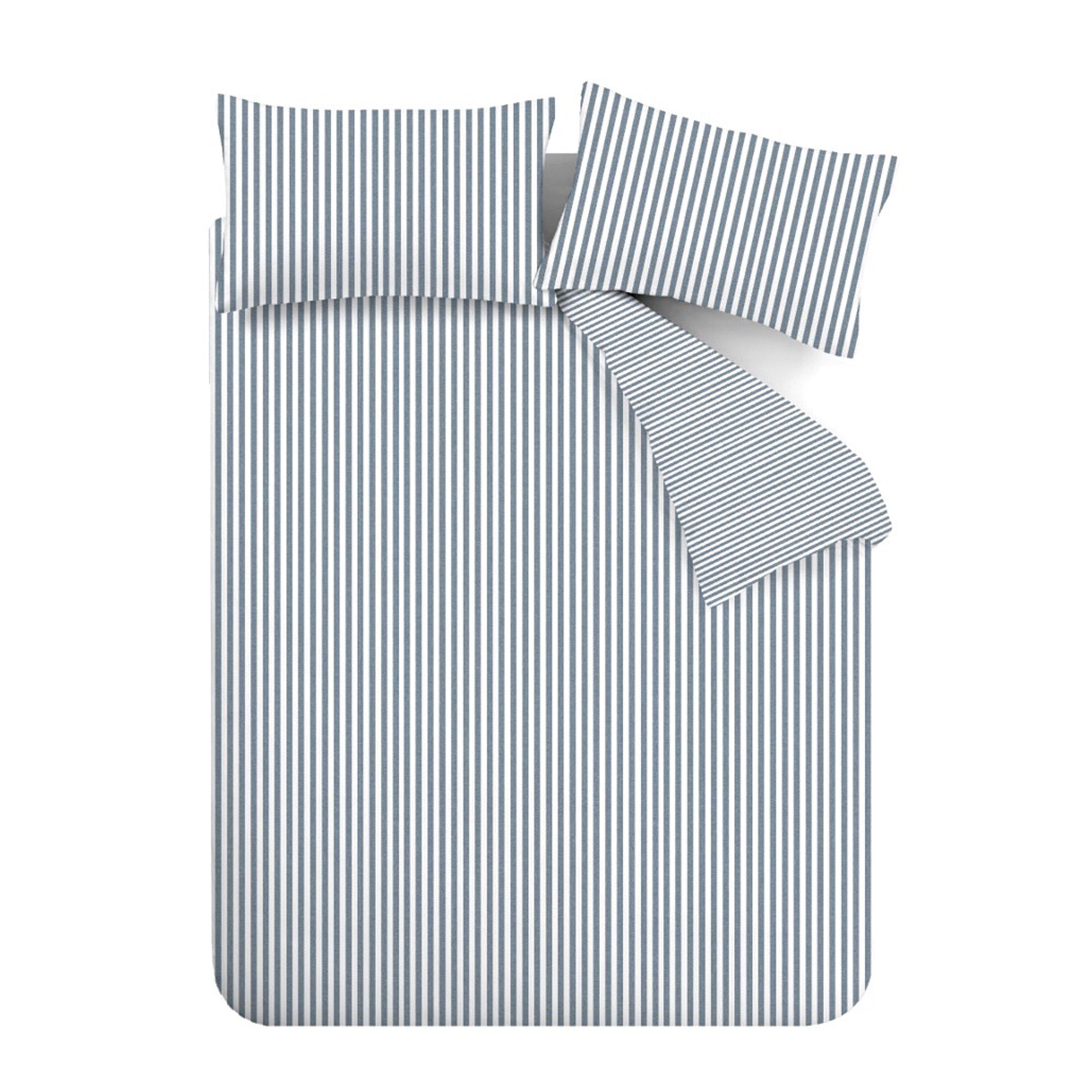 Blue - Catherine Lansfield - Brushed Cotton Stripe Reversible Duvet Cover Set - 5