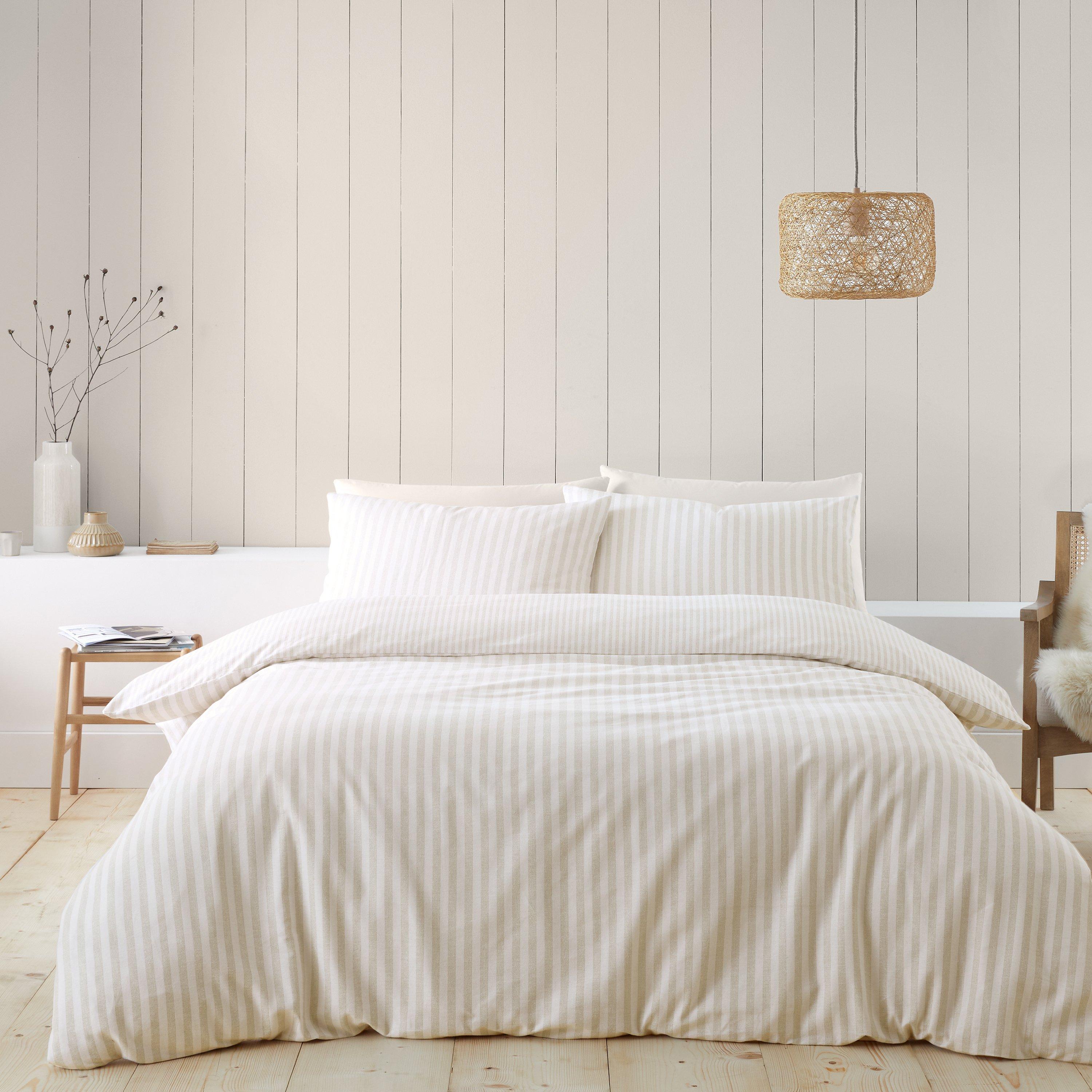Catherine Lansfield  Brushed Cotton Stripe Reversible Duvet Cover Set - Natural - King