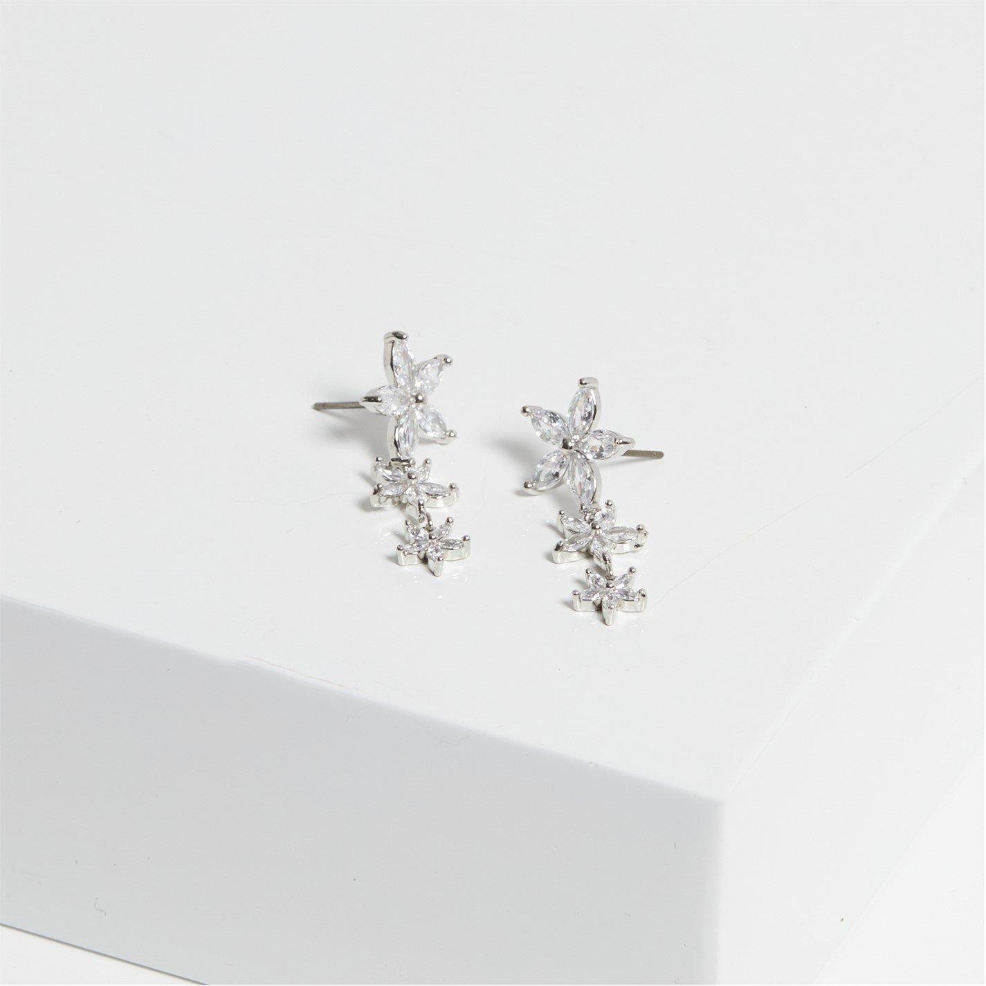 Silver - Jon Richard - Rhodium Plated CZ Mixed Floral Huggie Earrings - 2