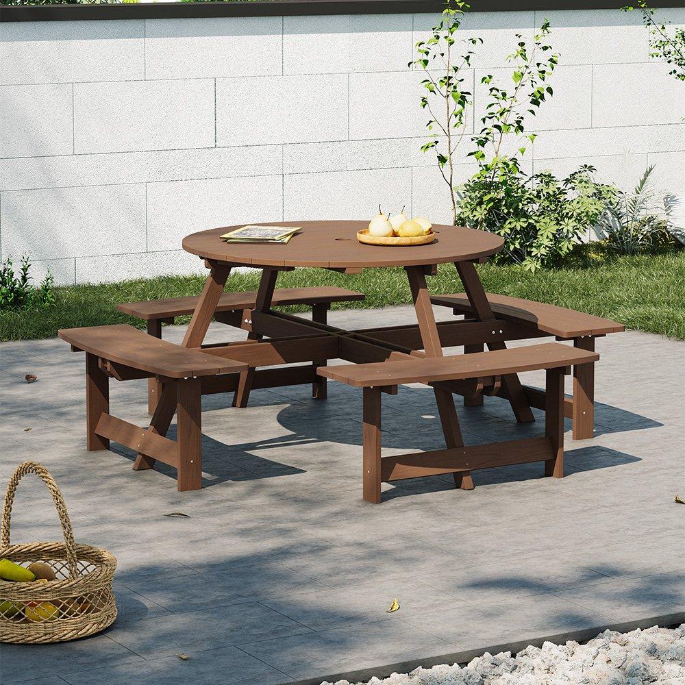 Breeins Camping 8-Person Round Wood Picnic Table and Bench Set