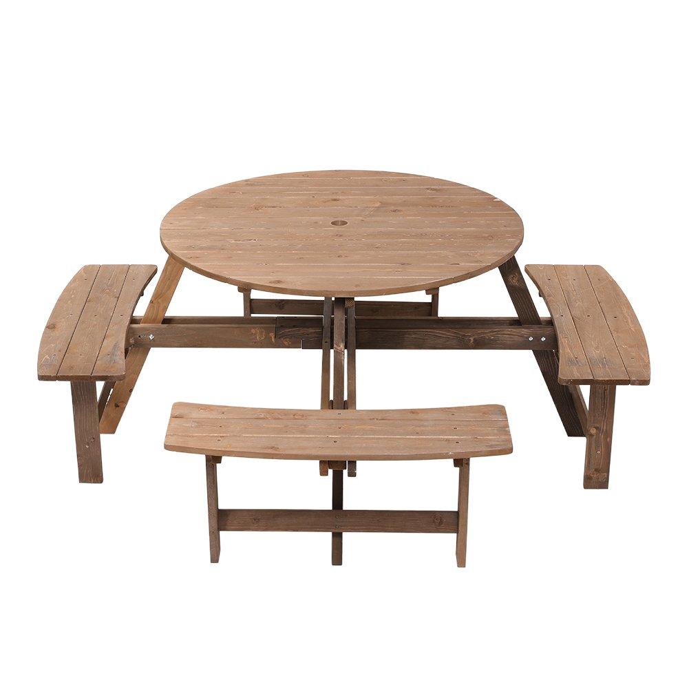Brown - Breeins Camping - 8-Person Round Wood Picnic Table and Bench Set - 3