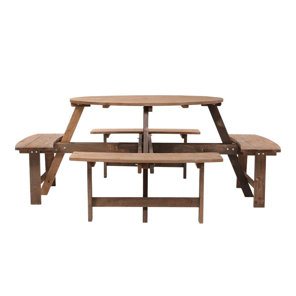 Brown - Breeins Camping - 8-Person Round Wood Picnic Table and Bench Set - 4