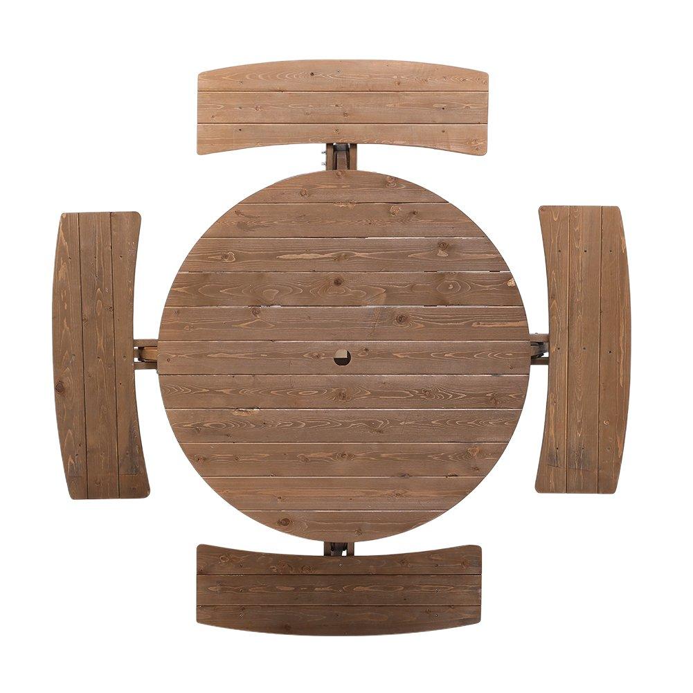 Brown - Breeins Camping - 8-Person Round Wood Picnic Table and Bench Set - 5
