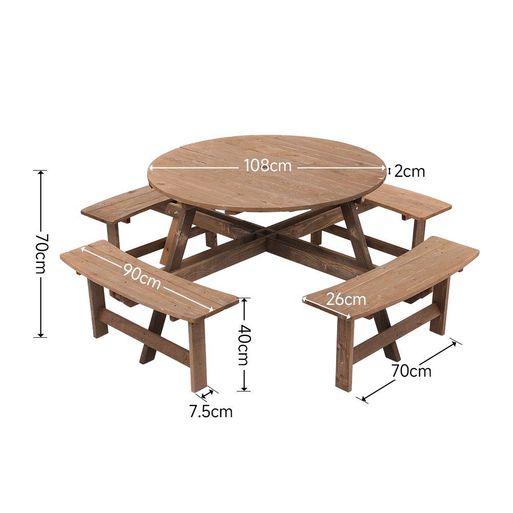 Brown - Breeins Camping - 8-Person Round Wood Picnic Table and Bench Set - 9