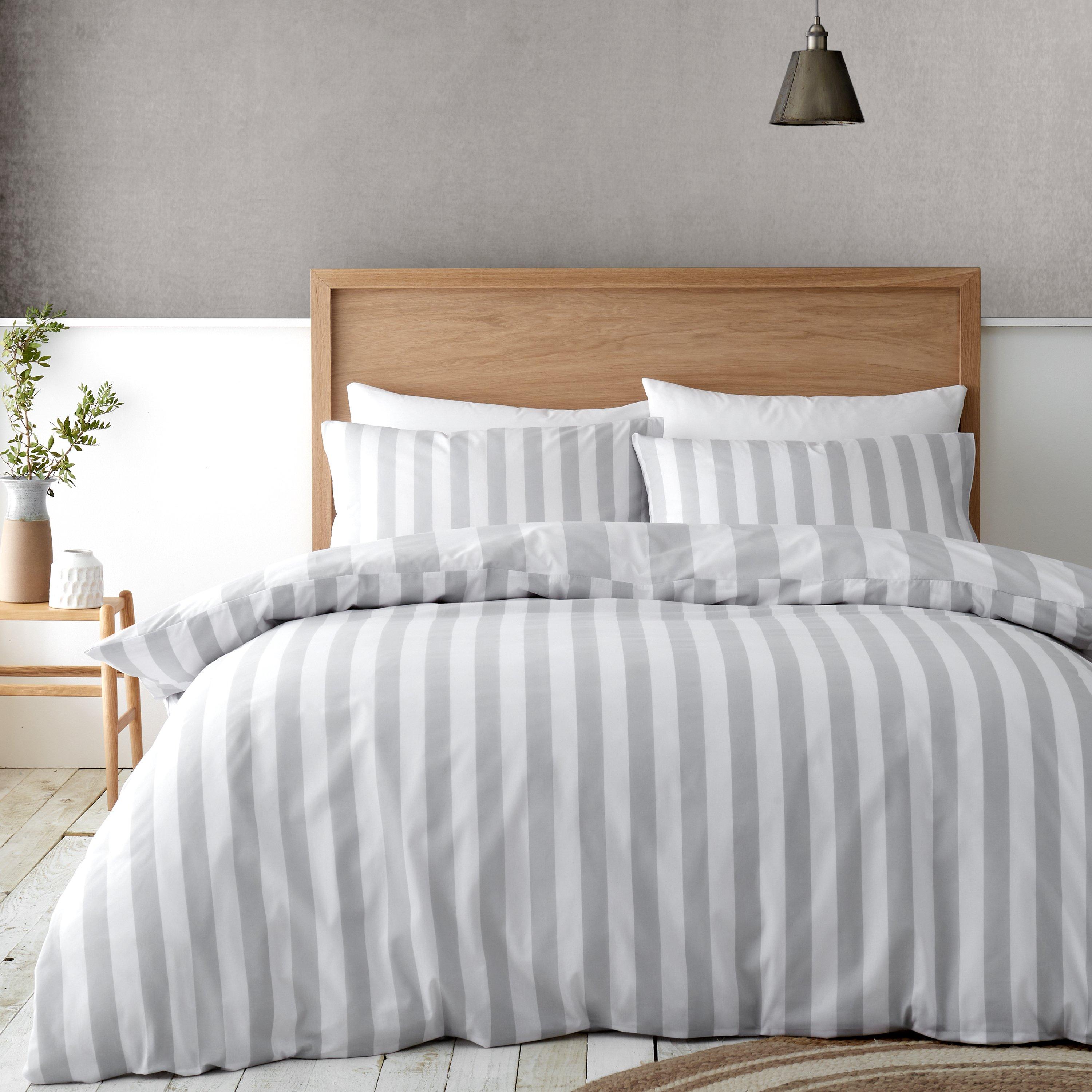 Silver - Catherine Lansfield - Cove Stripe Reversible Duvet Cover Set - 2