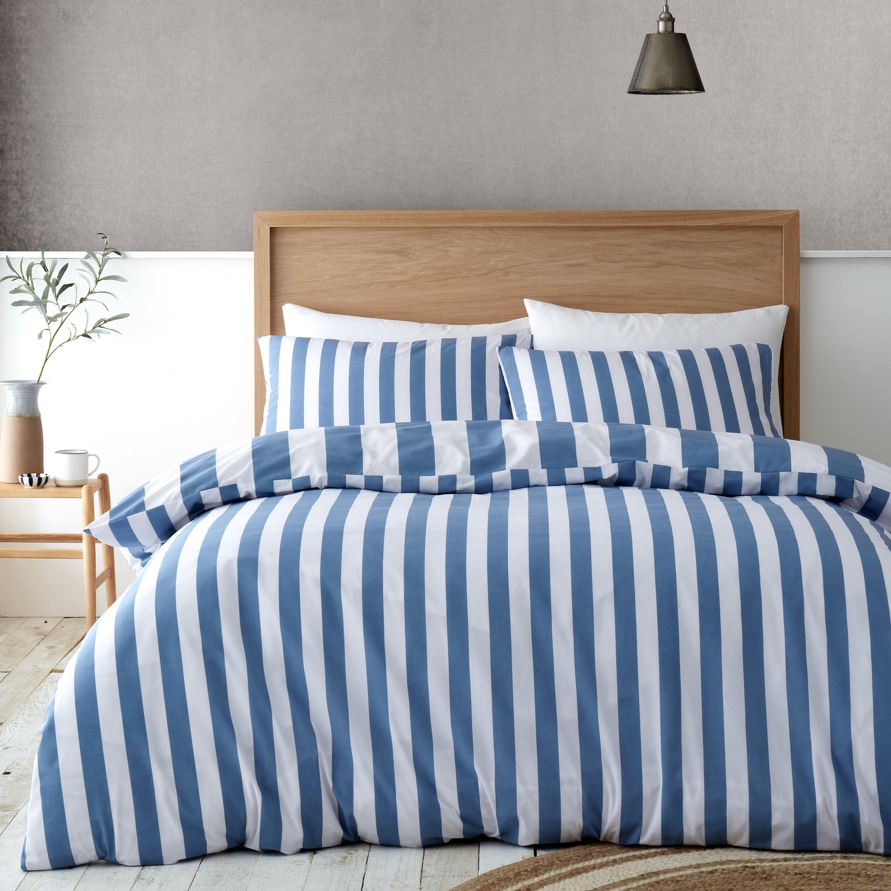 Blue - Catherine Lansfield - Cove Stripe Reversible Duvet Cover Set - 2