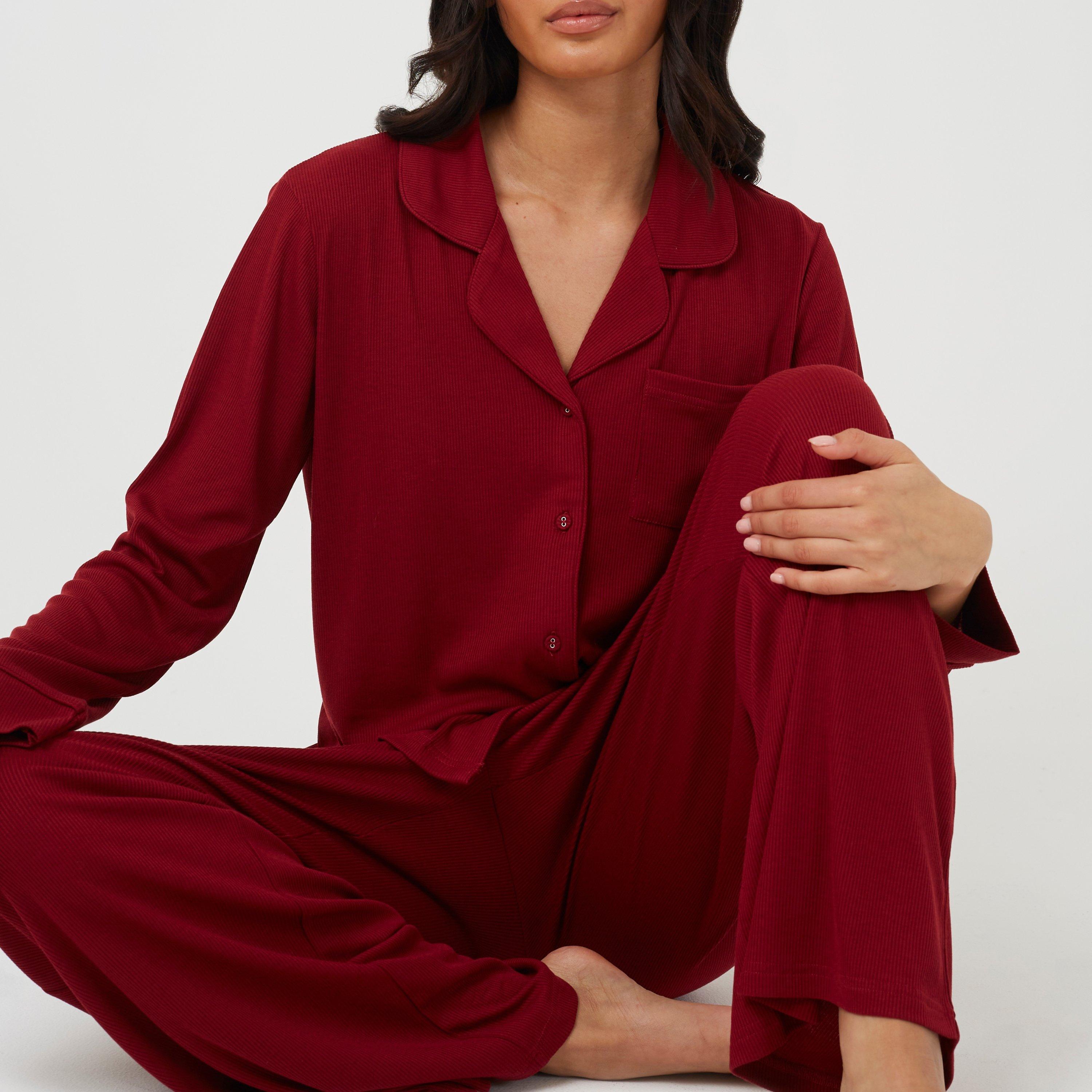 Brave Soul Women's Button Down Pyjama Set - Burgundy - 14 (L)