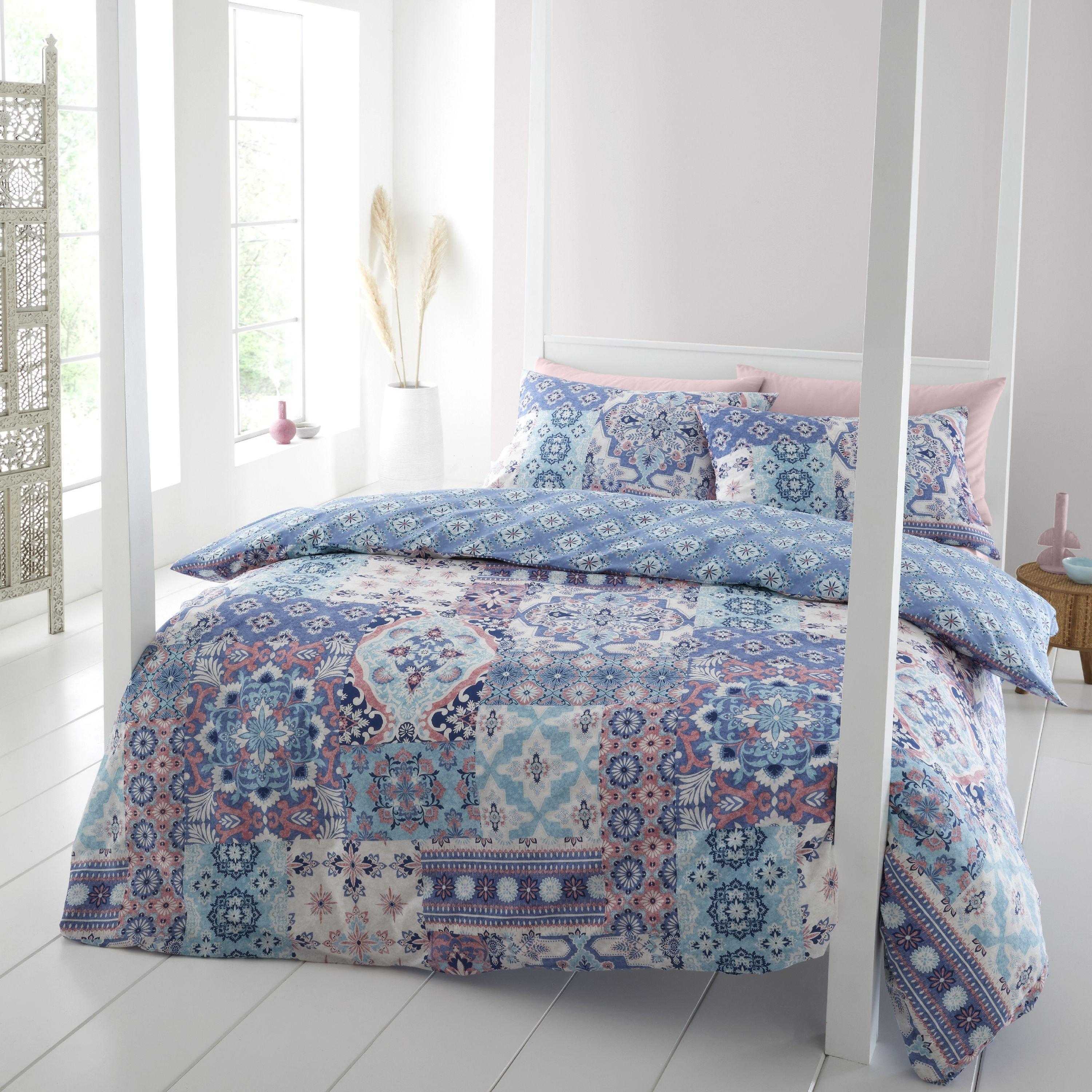Blue - Catherine Lansfield - Boho Patchwork Reversible Duvet Cover Set - 1