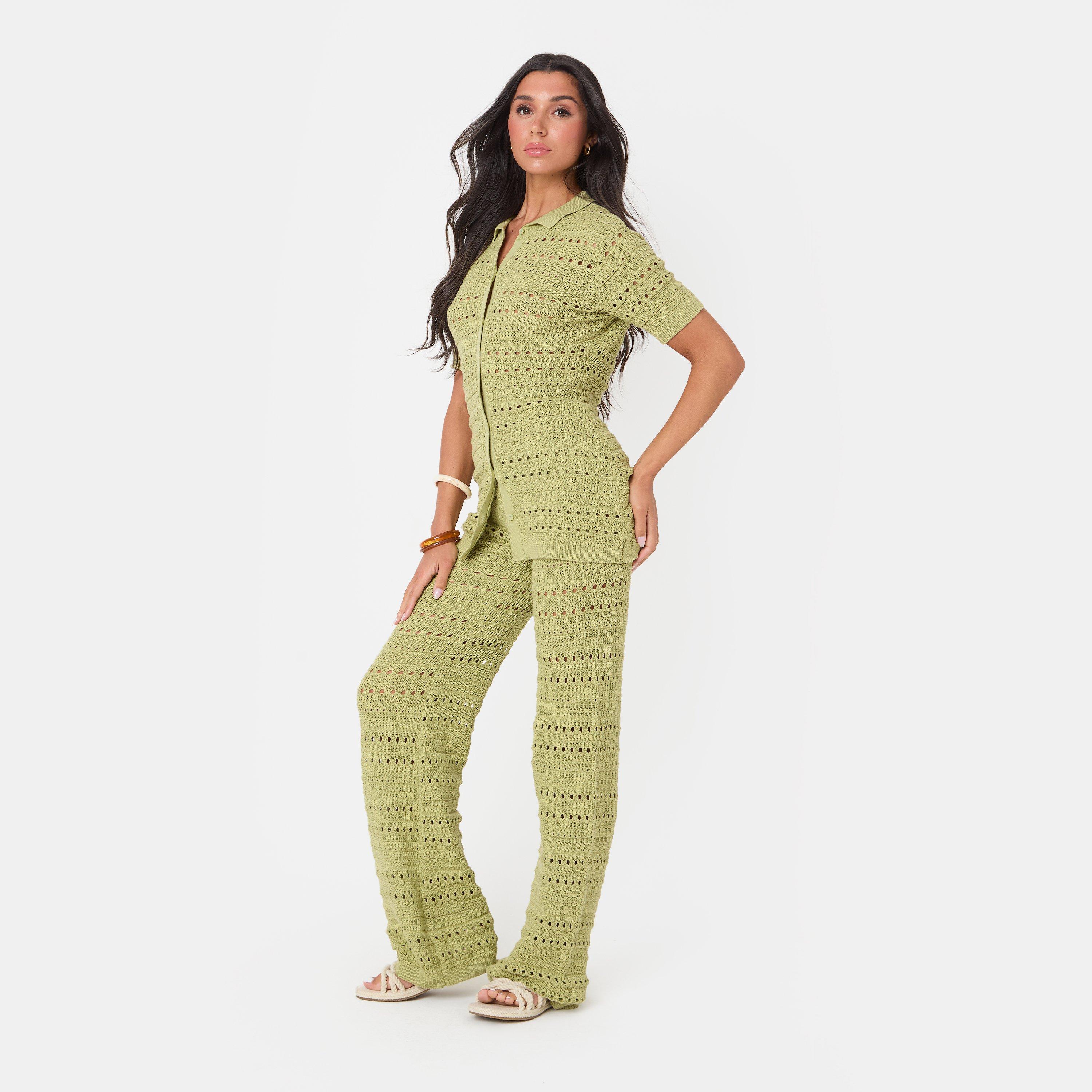Green - I Saw It First - Crochet Shirt and Pant Set - 2