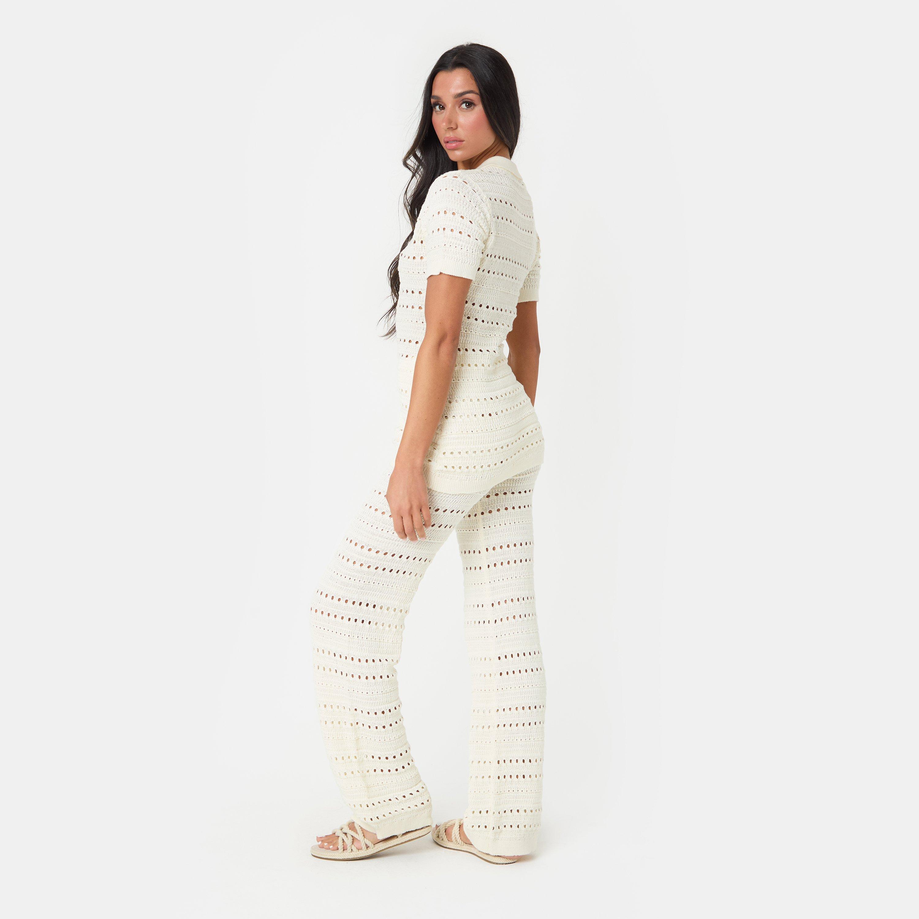 Cream - I Saw It First - Crochet Shirt and Pant Set - 2