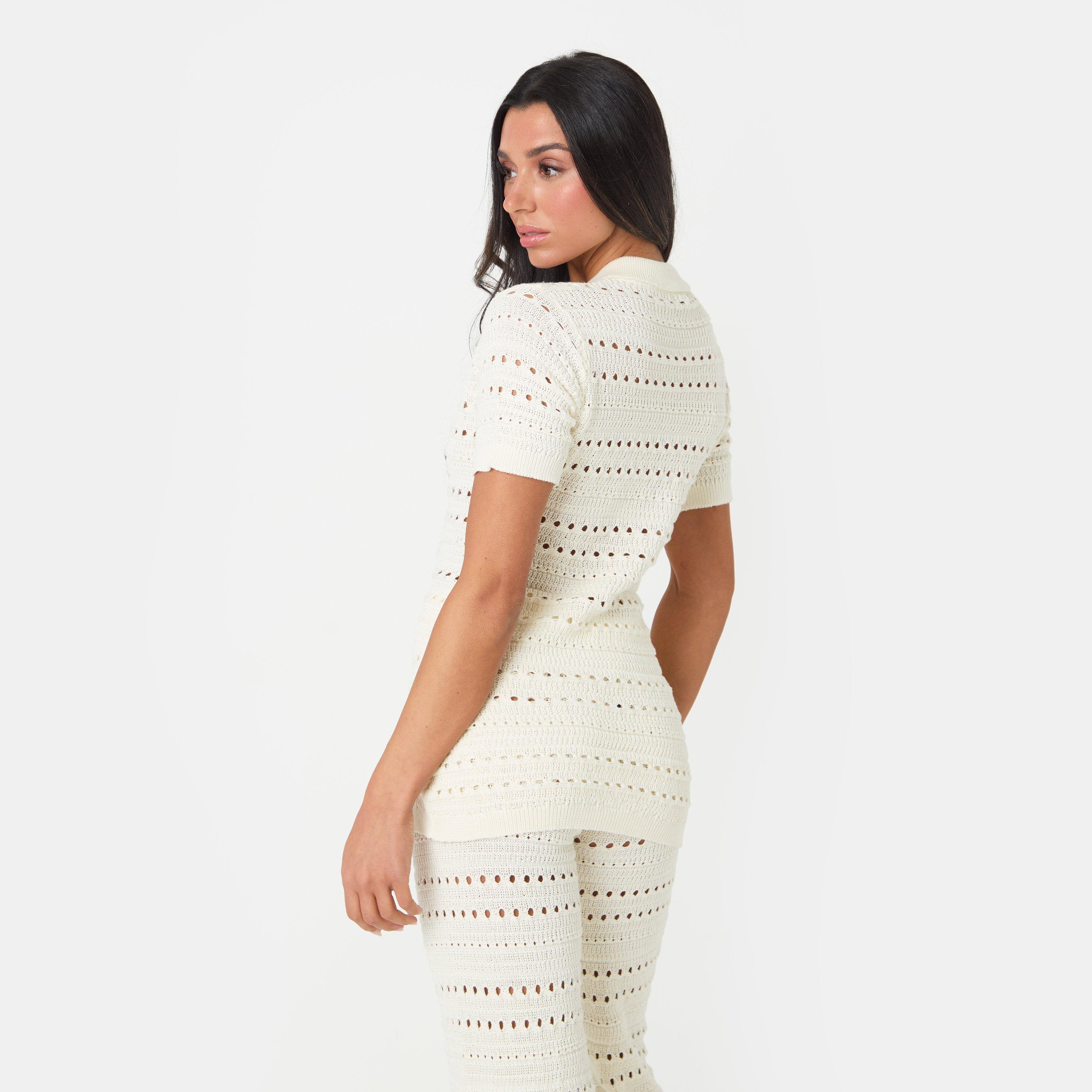 Cream - I Saw It First - Crochet Shirt and Pant Set - 4