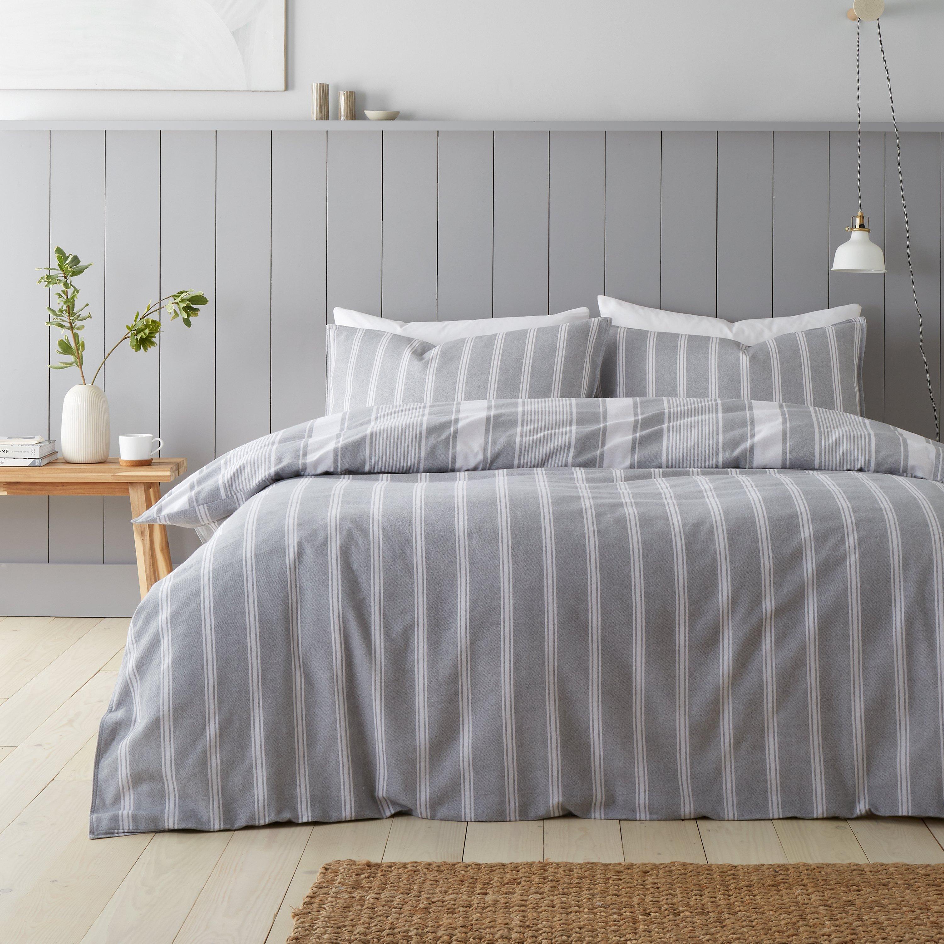 Grey - Bianca - Brushed Cotton Ticking Stripe Duvet Cover Set - 2