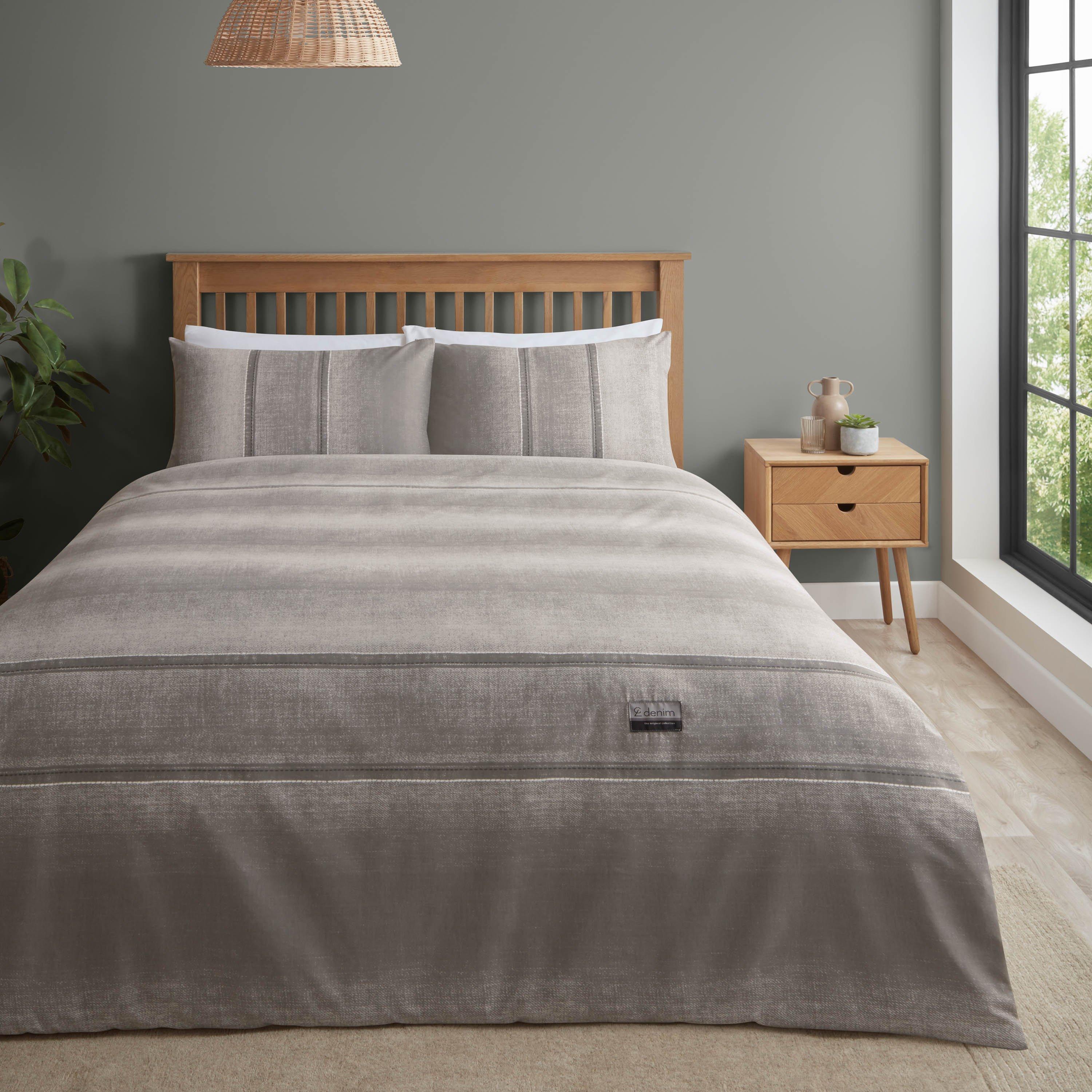 Grey - Catherine Lansfield - Denim Print Cotton Reversible Duvet Cover Set - 1