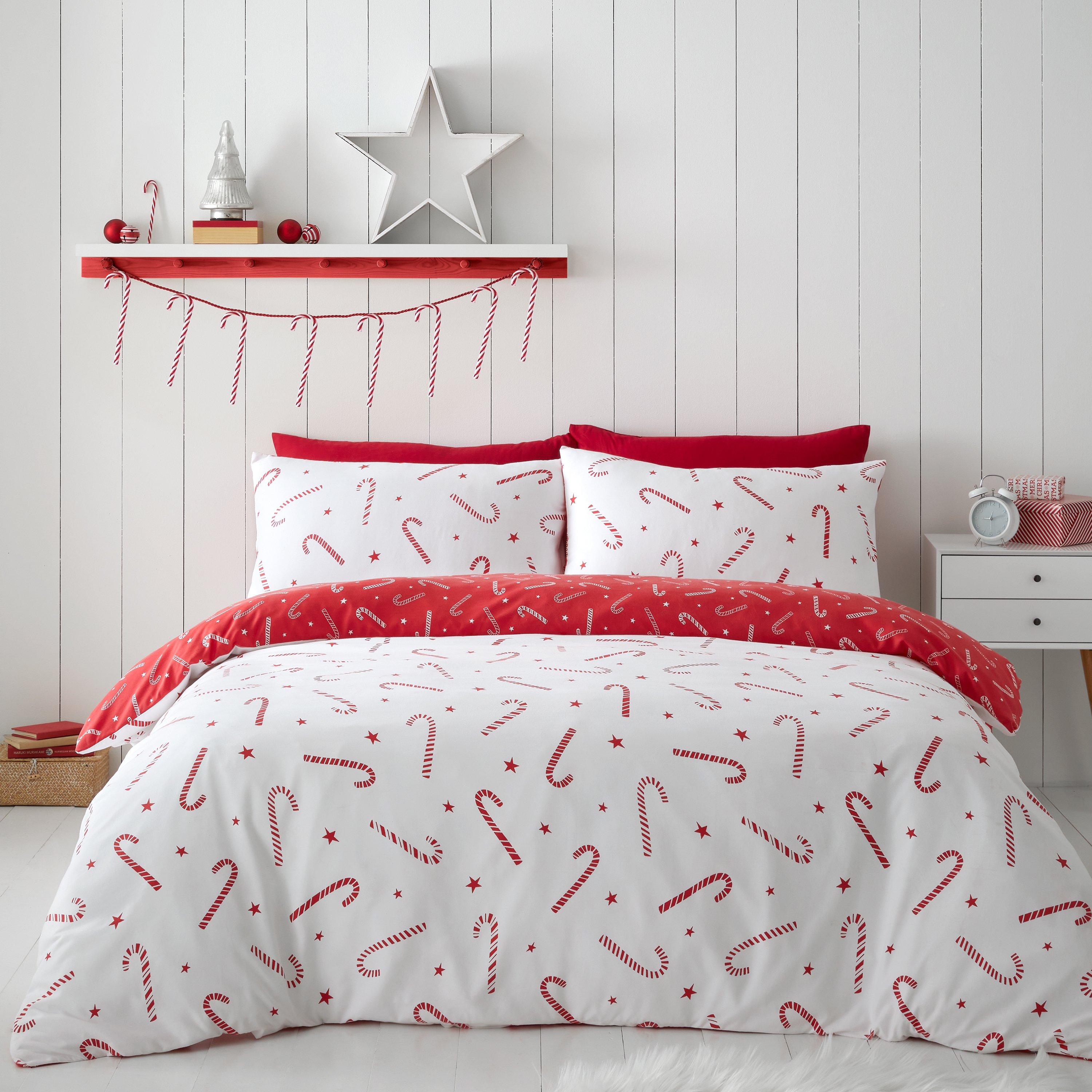 White - Catherine Lansfield - Christmas Candy Cane Reversible Duvet Cover Set - 1
