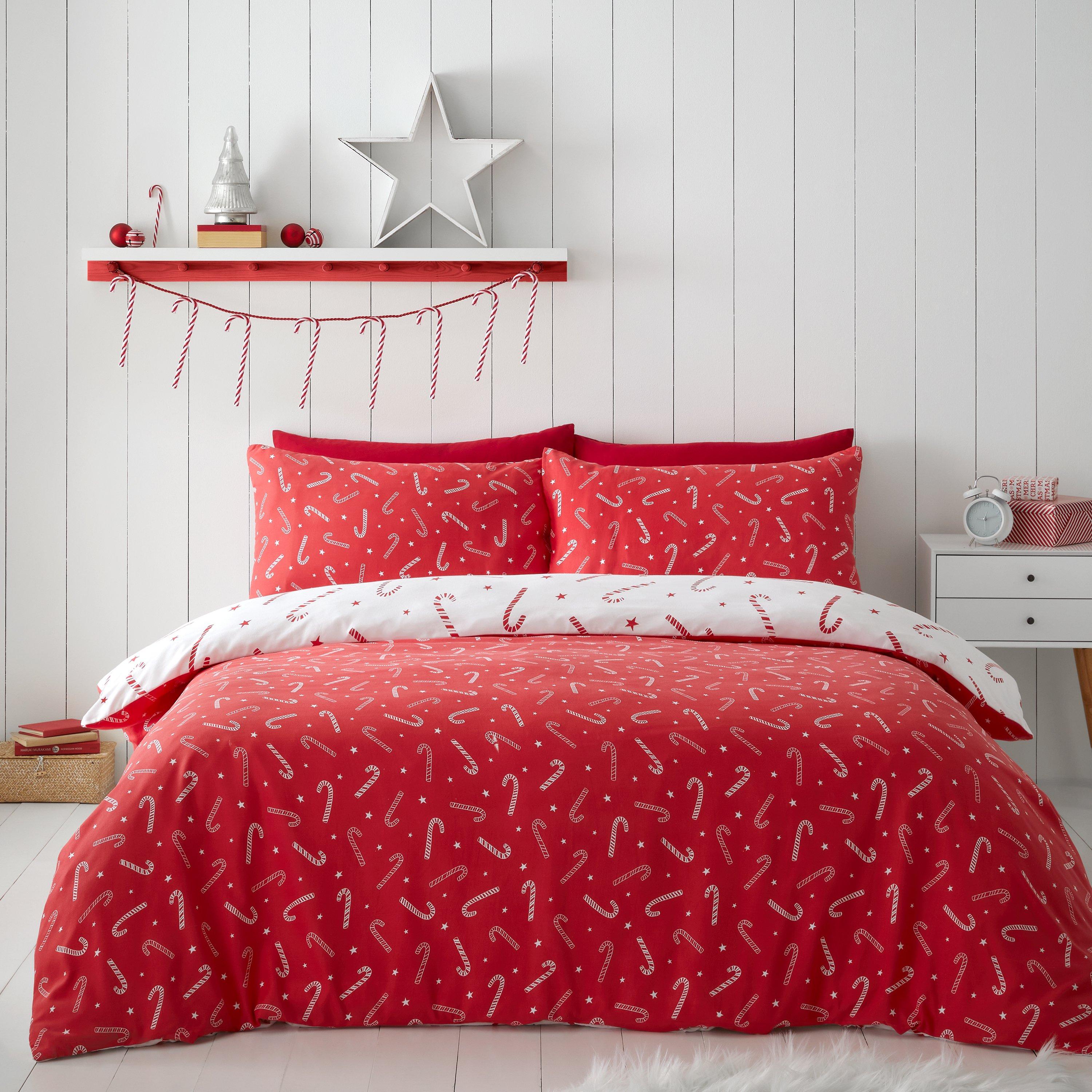 White - Catherine Lansfield - Christmas Candy Cane Reversible Duvet Cover Set - 2