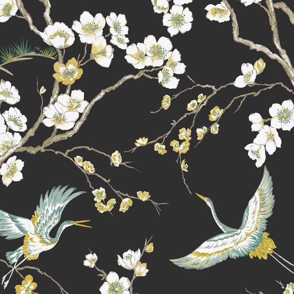 Black - Sublime - Japan Floral and Fauna Tropical Black Wallpaper - 3