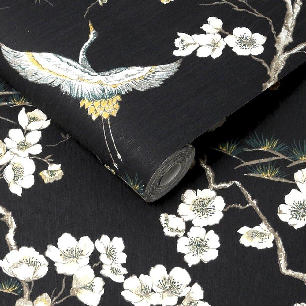 Black - Sublime - Japan Floral and Fauna Tropical Black Wallpaper - 4