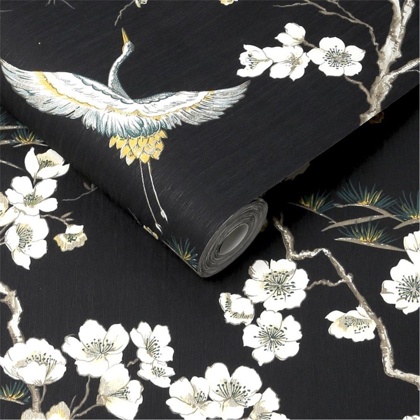 Black - Sublime - Japan Floral and Fauna Tropical Black Wallpaper - 4