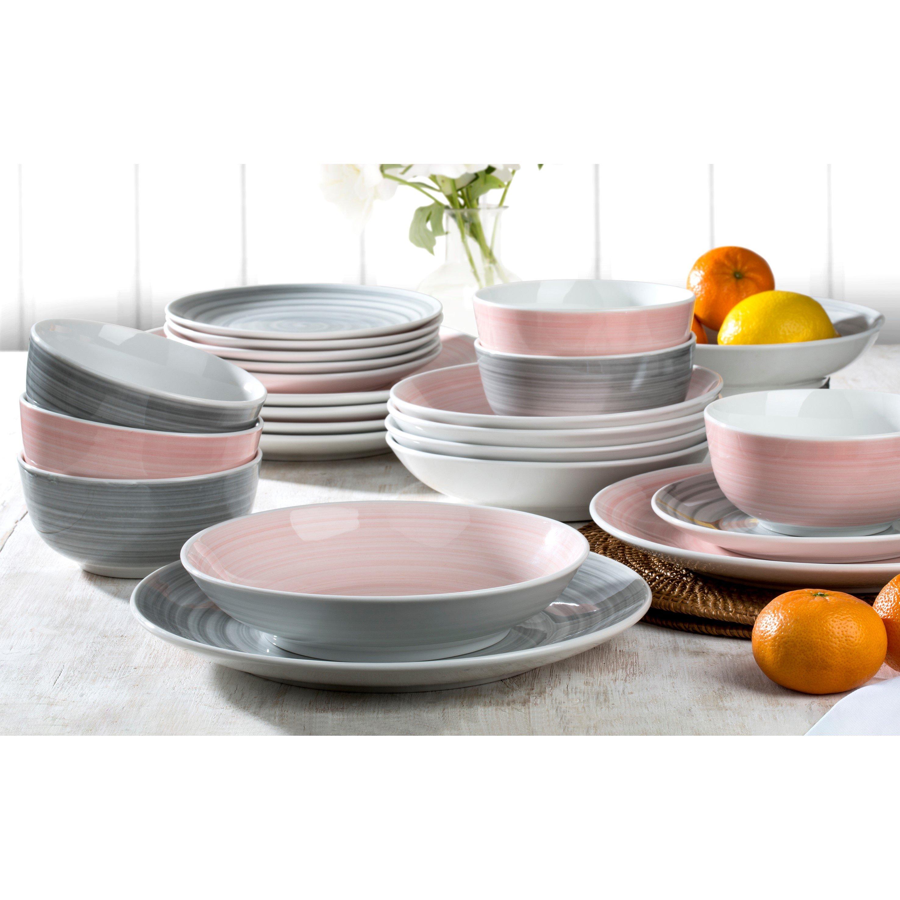 Waterside 24pc Pink & Grey Spin Wash Dinner Set