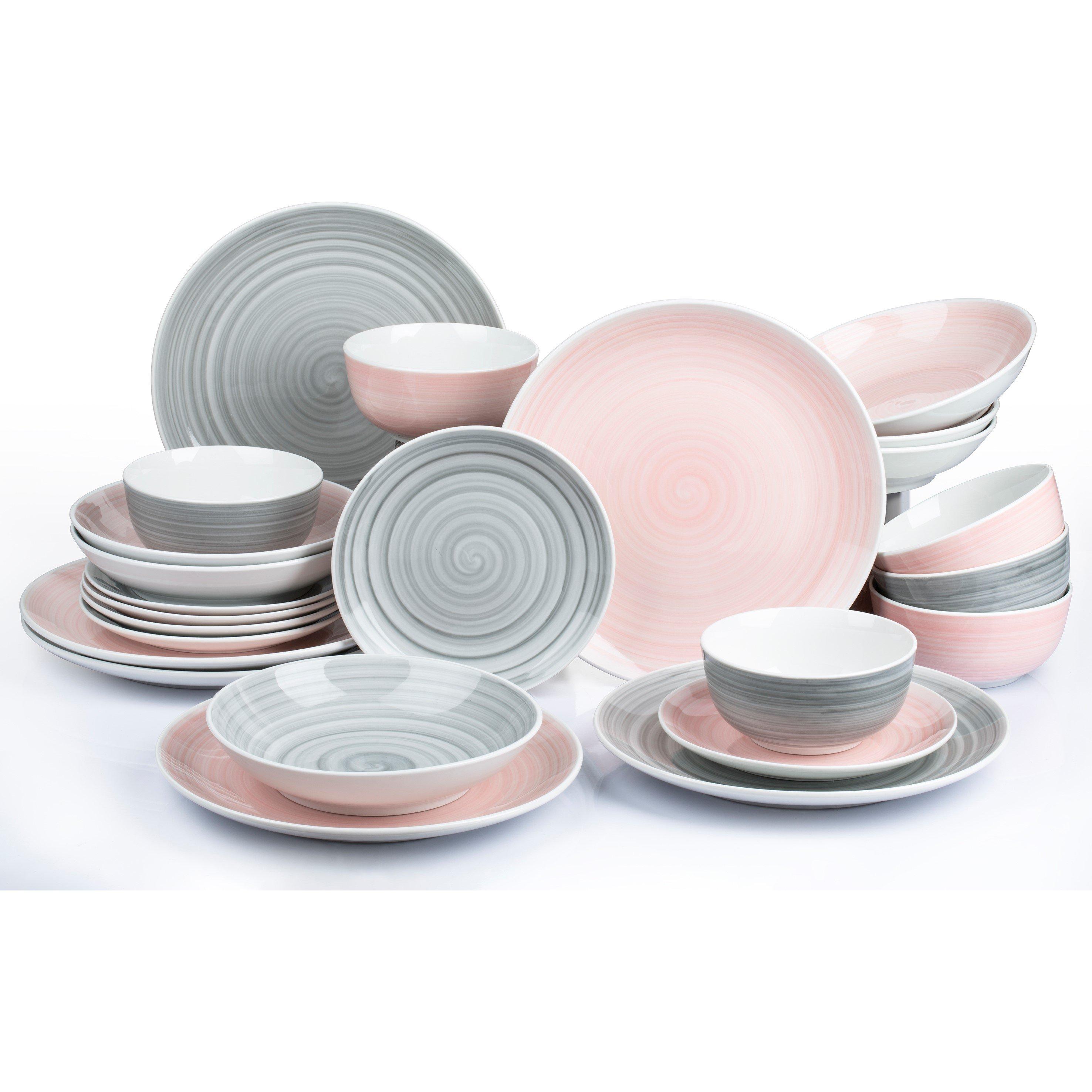 Grey/Pink - Waterside - 24pc Pink & Grey Spin Wash Dinner Set - 3