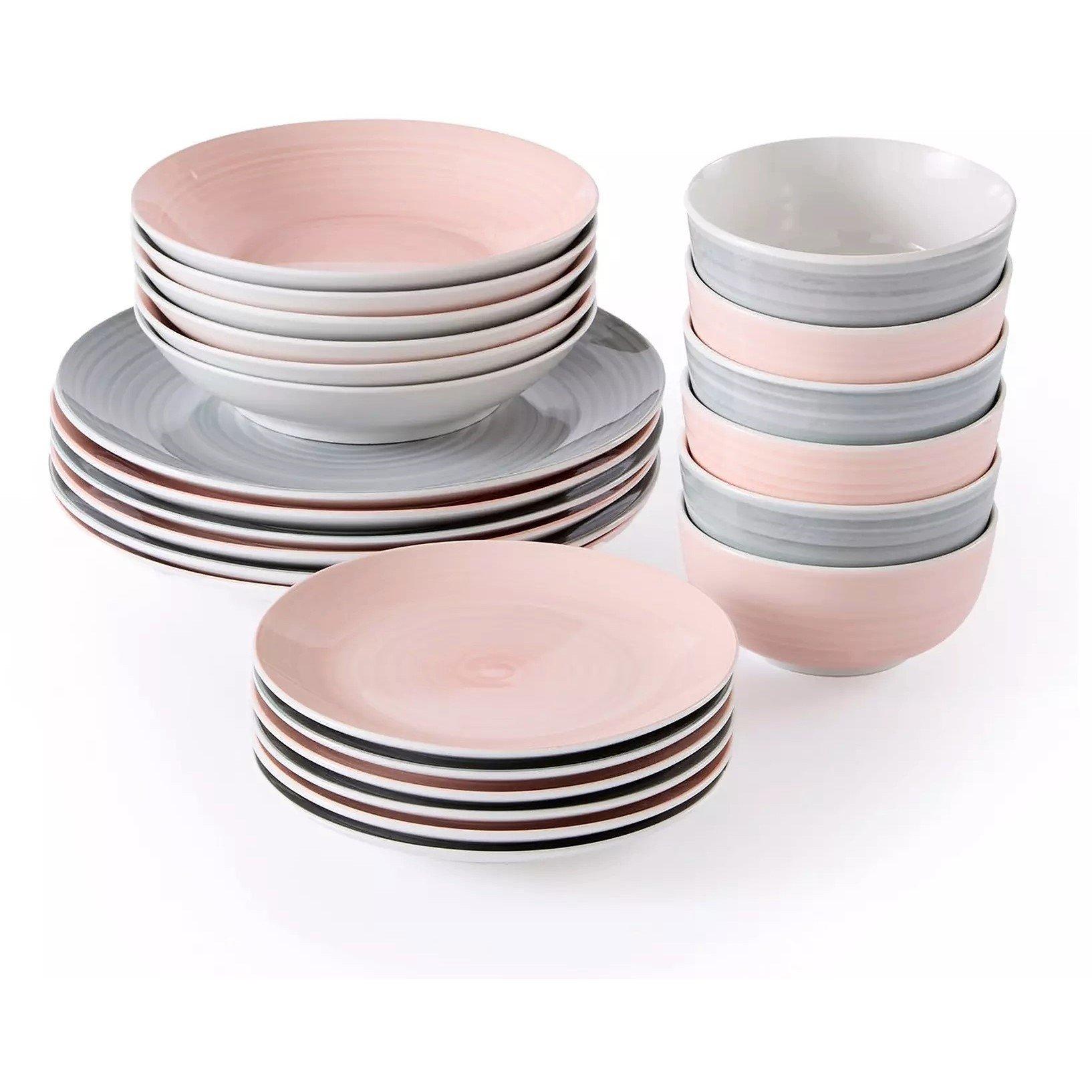 Grey/Pink - Waterside - 24pc Pink & Grey Spin Wash Dinner Set - 4