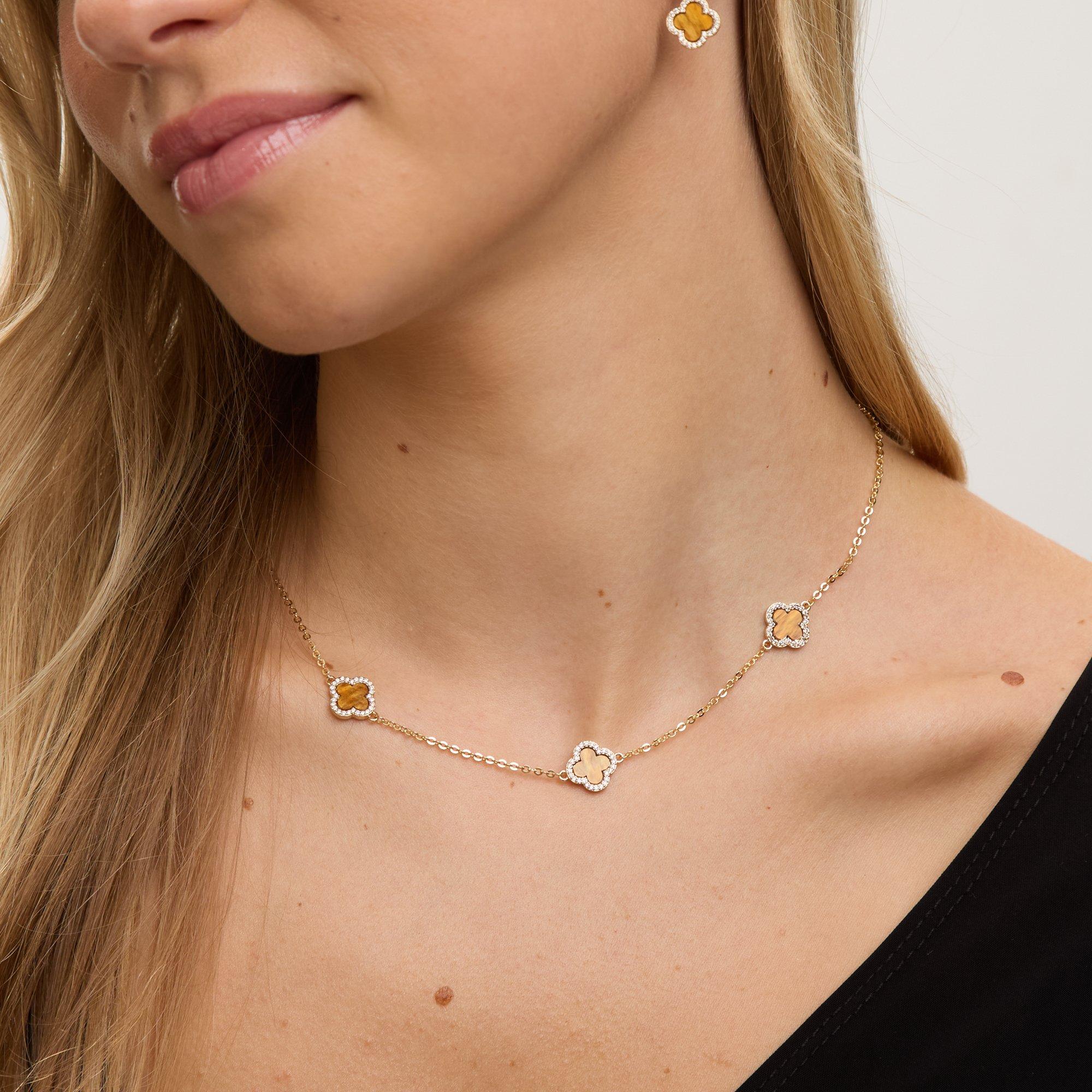 Gold - Jon Richard - Gold Plated Tigers Eye Station Clover Necklace - 2