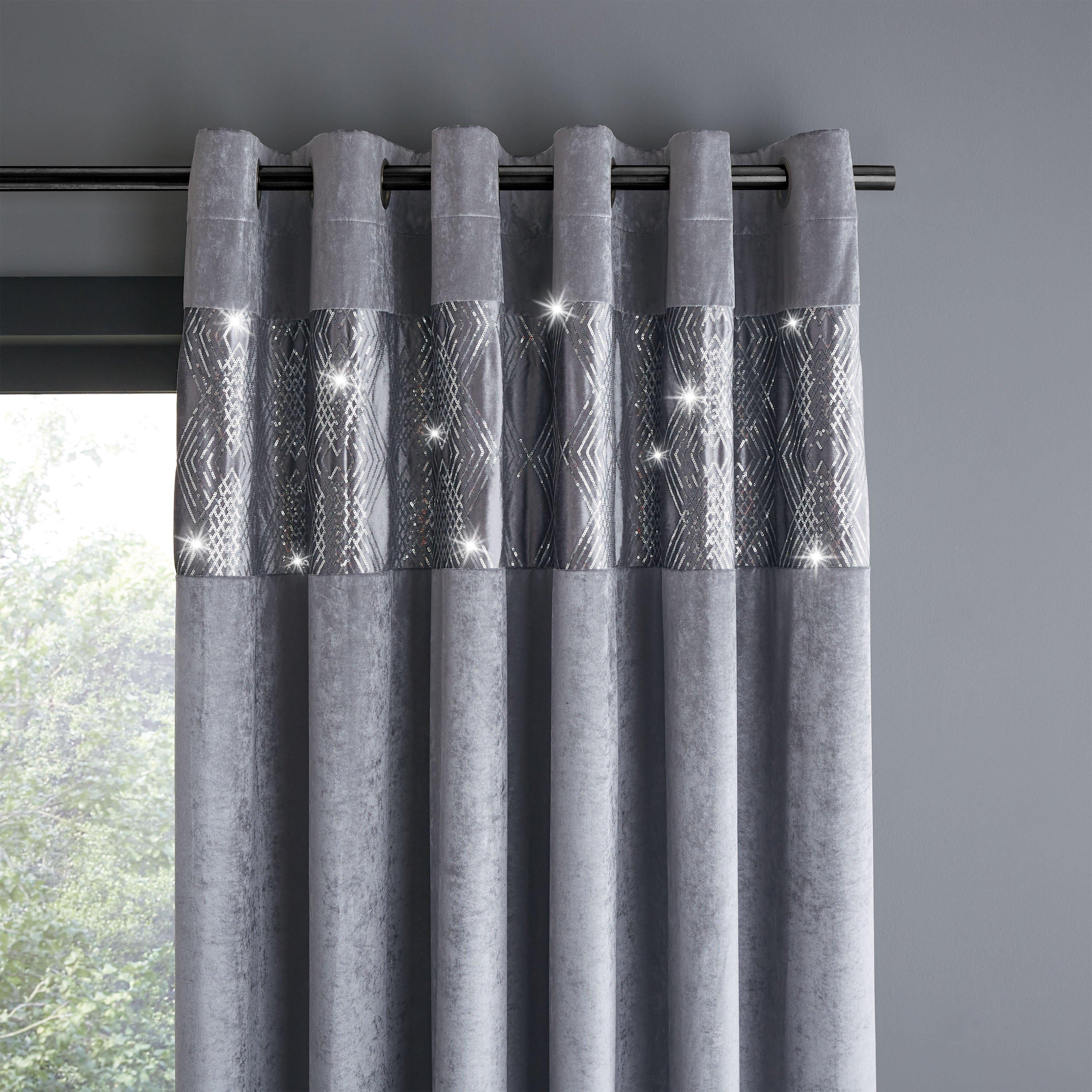 Grey - Catherine Lansfield - Crushed Velvet Sequin Lined Eyelet Curtains - 1